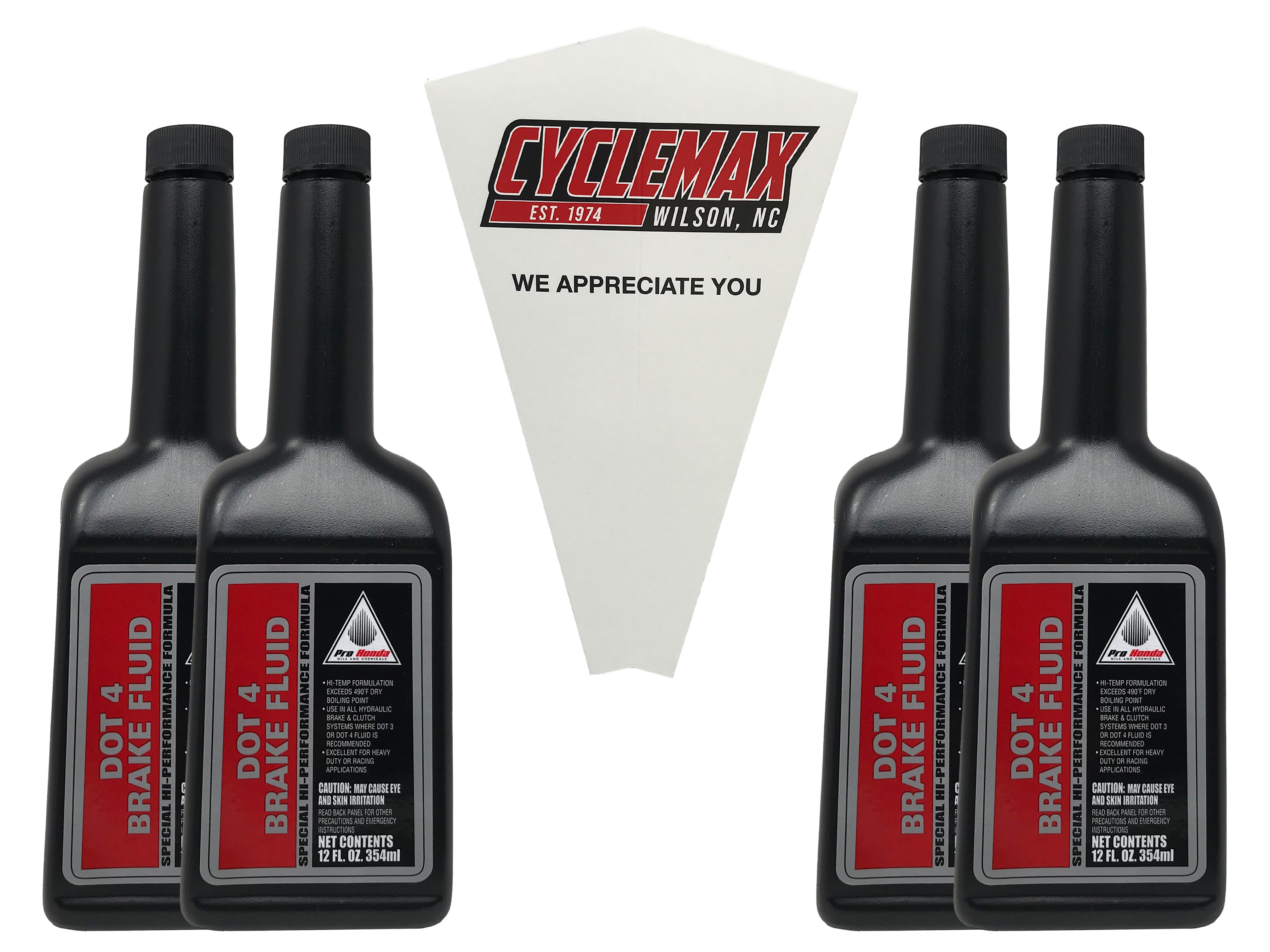CYCLEMAX Four Pack for Honda DOT 4 Brake Fluid 08203-0004 Contains Four 12oz Bottles and a Funnel