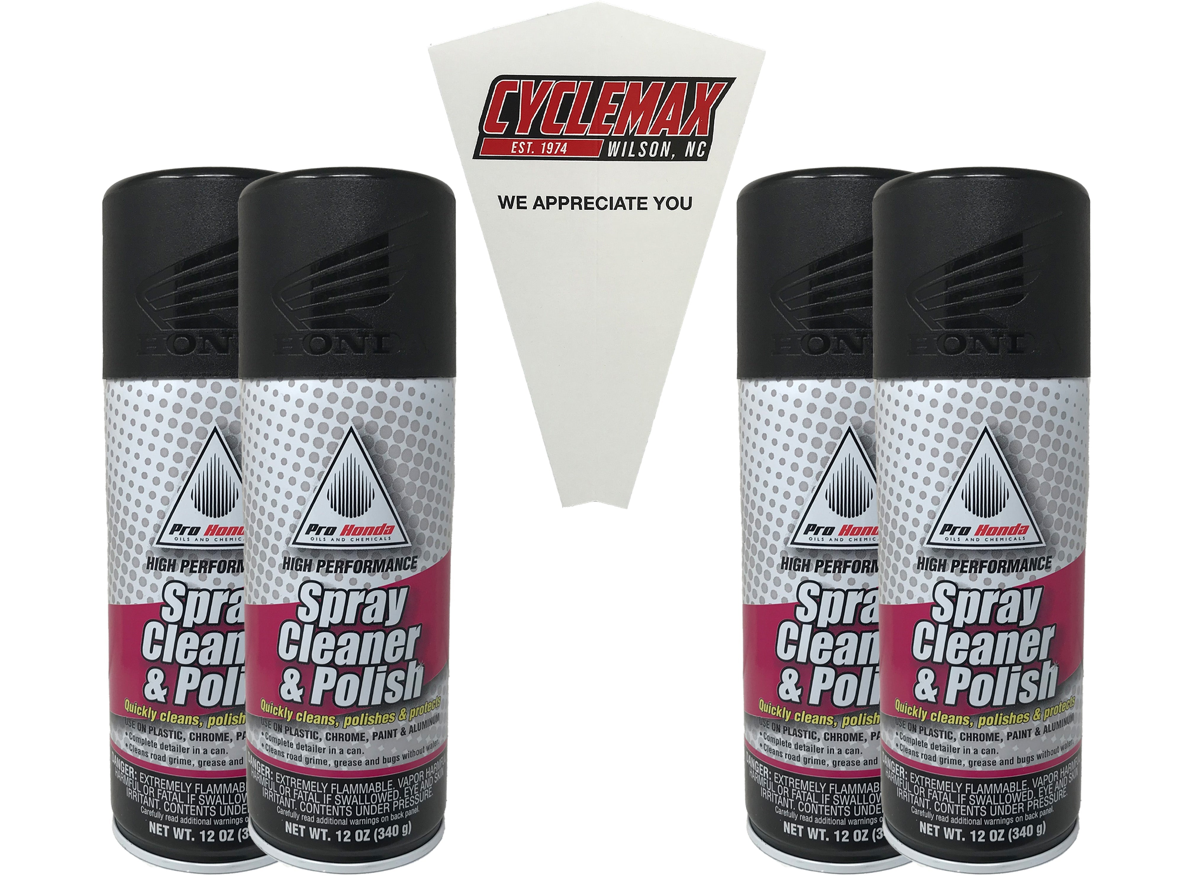 CYCLEMAX Four Pack for Honda Spray Cleaner & Polish 08732-SCP00 Contains Four 12oz Cans and a Funnel