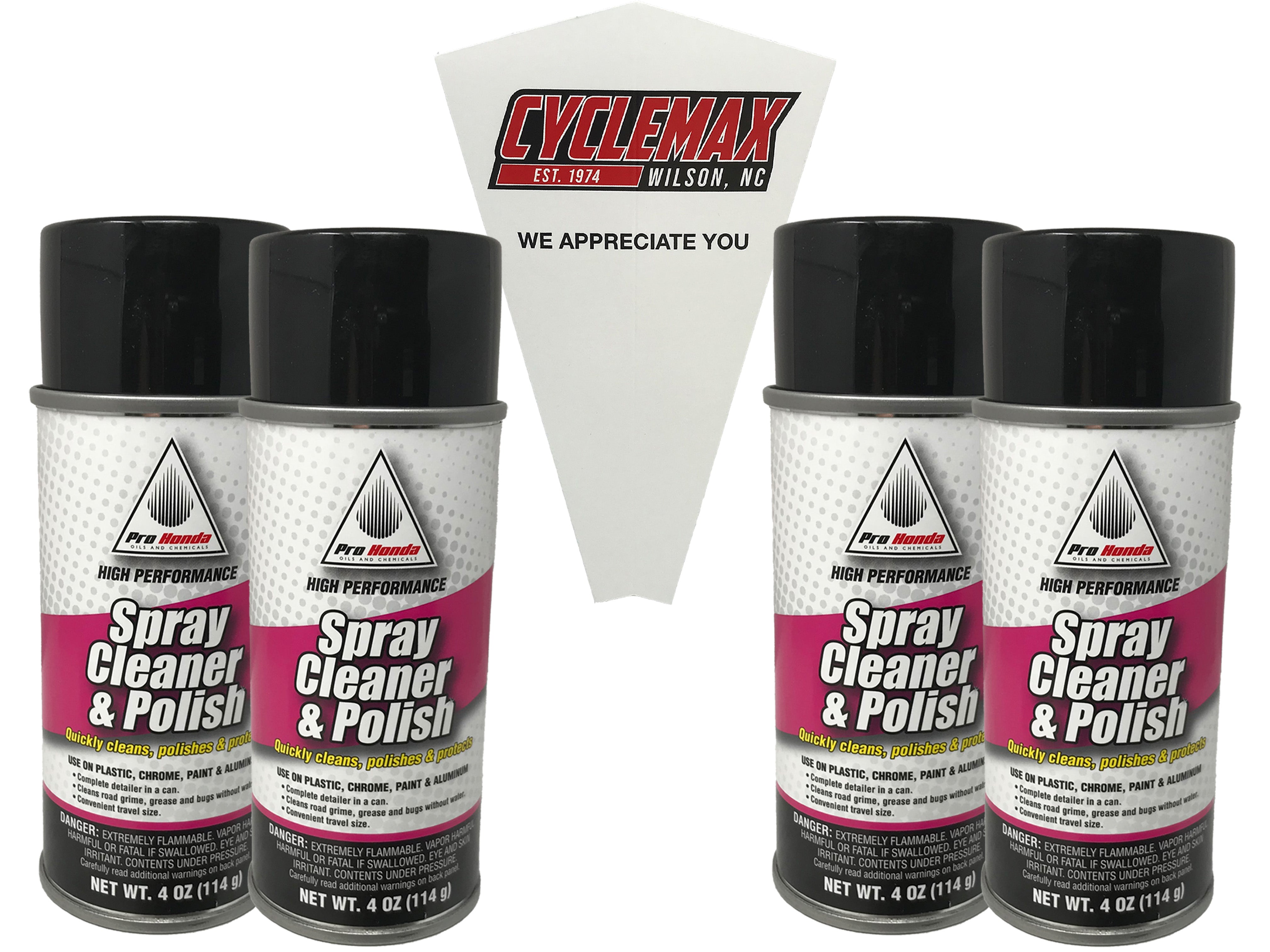 CYCLEMAX Four Pack for Honda Pro Honda Spray Cleaner and Polish 08732-SCPSM Contains Four 4oz Cans and a Funnel