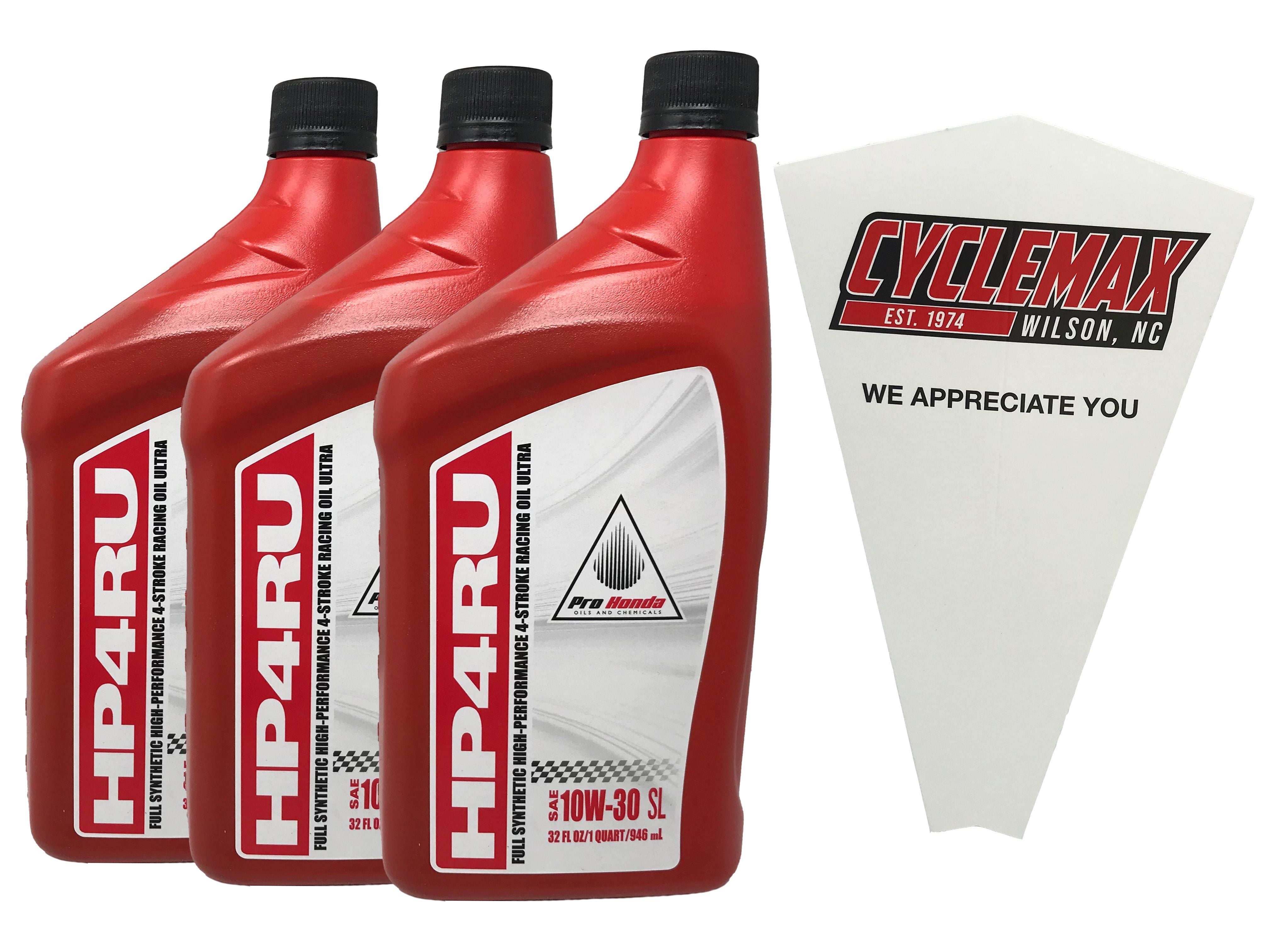 Cyclemax Three Pack for Honda 08C35-HP4-1030RU Full Synthetic Racing Motor Oil 10W-30 contains Three Quarts and Funnel