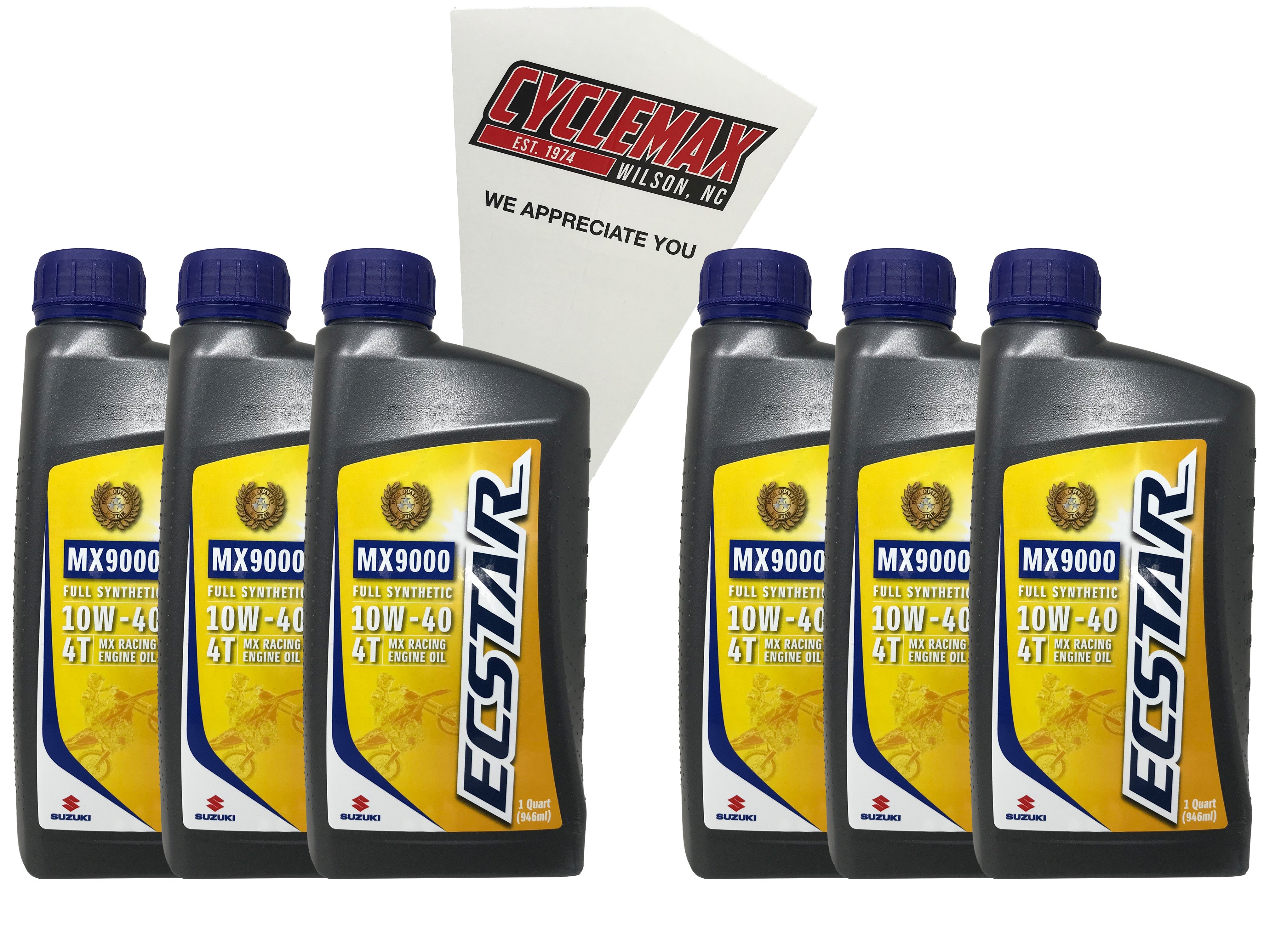 Cyclemax Six Pack for Suzuki Ecstar Full Synthetic Blend 4-Stroke 10W-40 Oil 990A0-01E50-01Q Contains Six Quarts and a Funnel