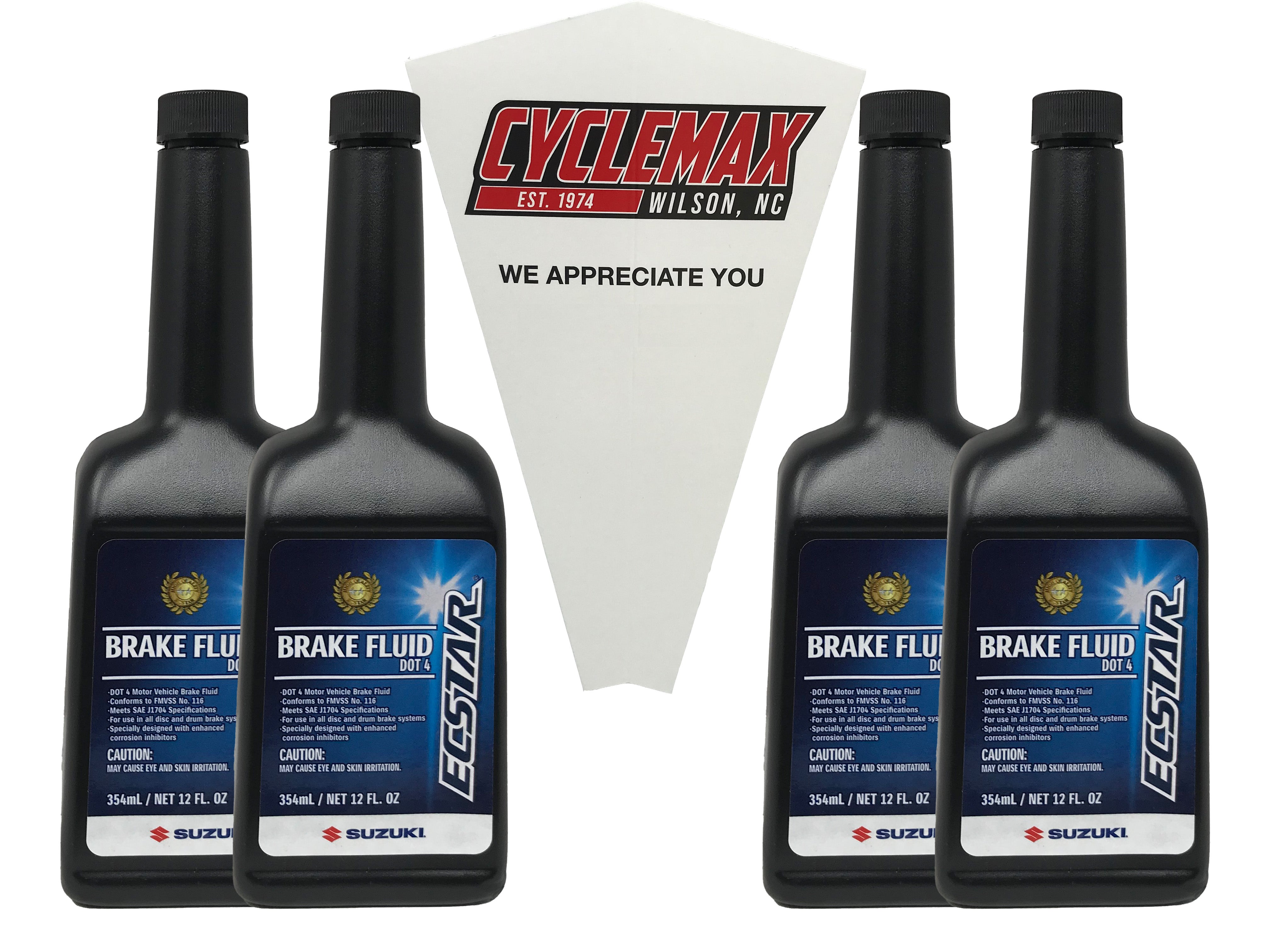CYCLEMAX Four Pack for Suzuki Ecstar DOT 4 Brake Fluid 990A0-01E91-12Z Contains Four Bottles and a Funnel