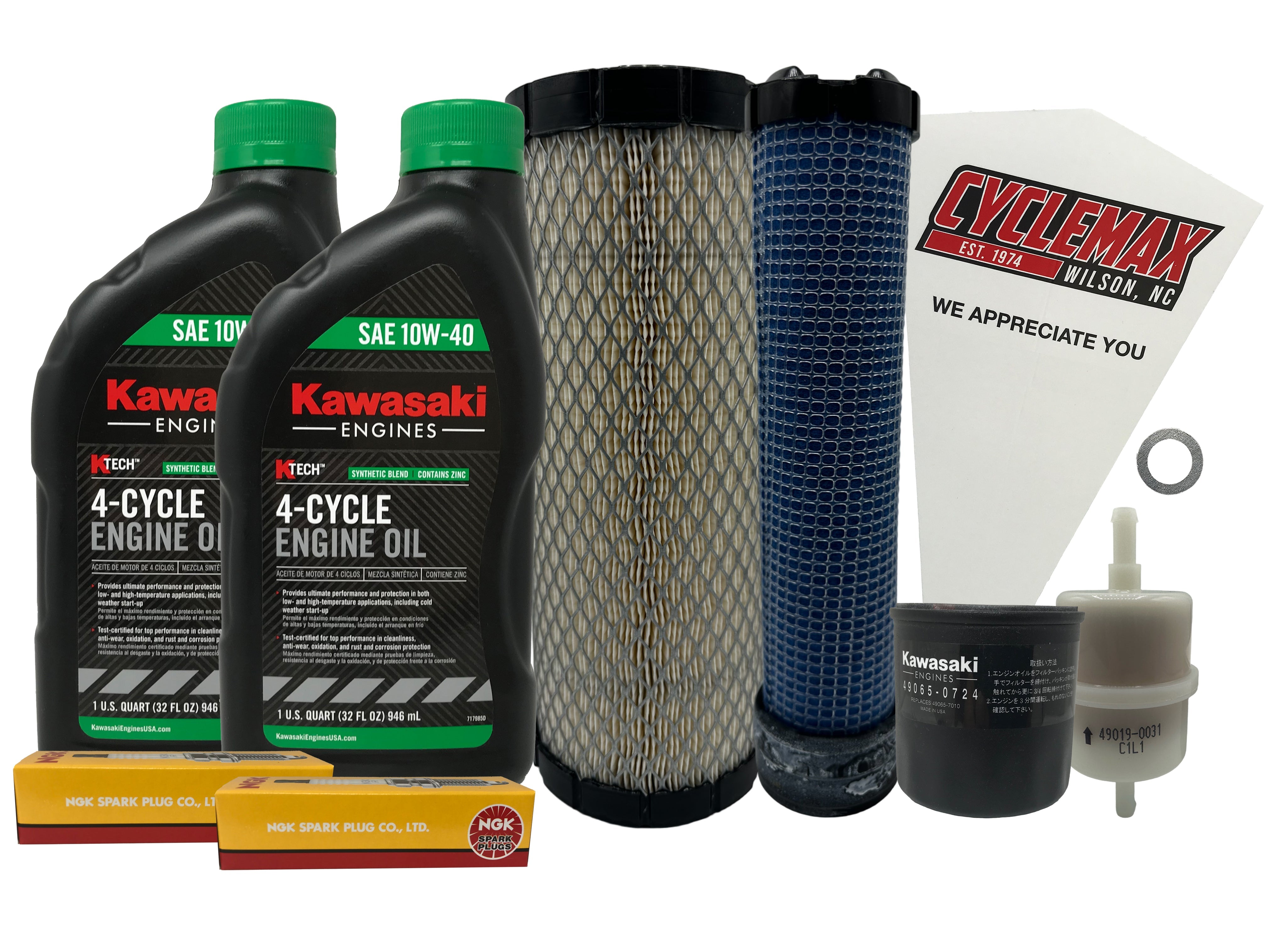 Cyclemax Tune Up Kit fits 2017-2023 Kawasaki FX751V FX801V FX850V Carb EFI Engines 10W40 with Spark Plugs