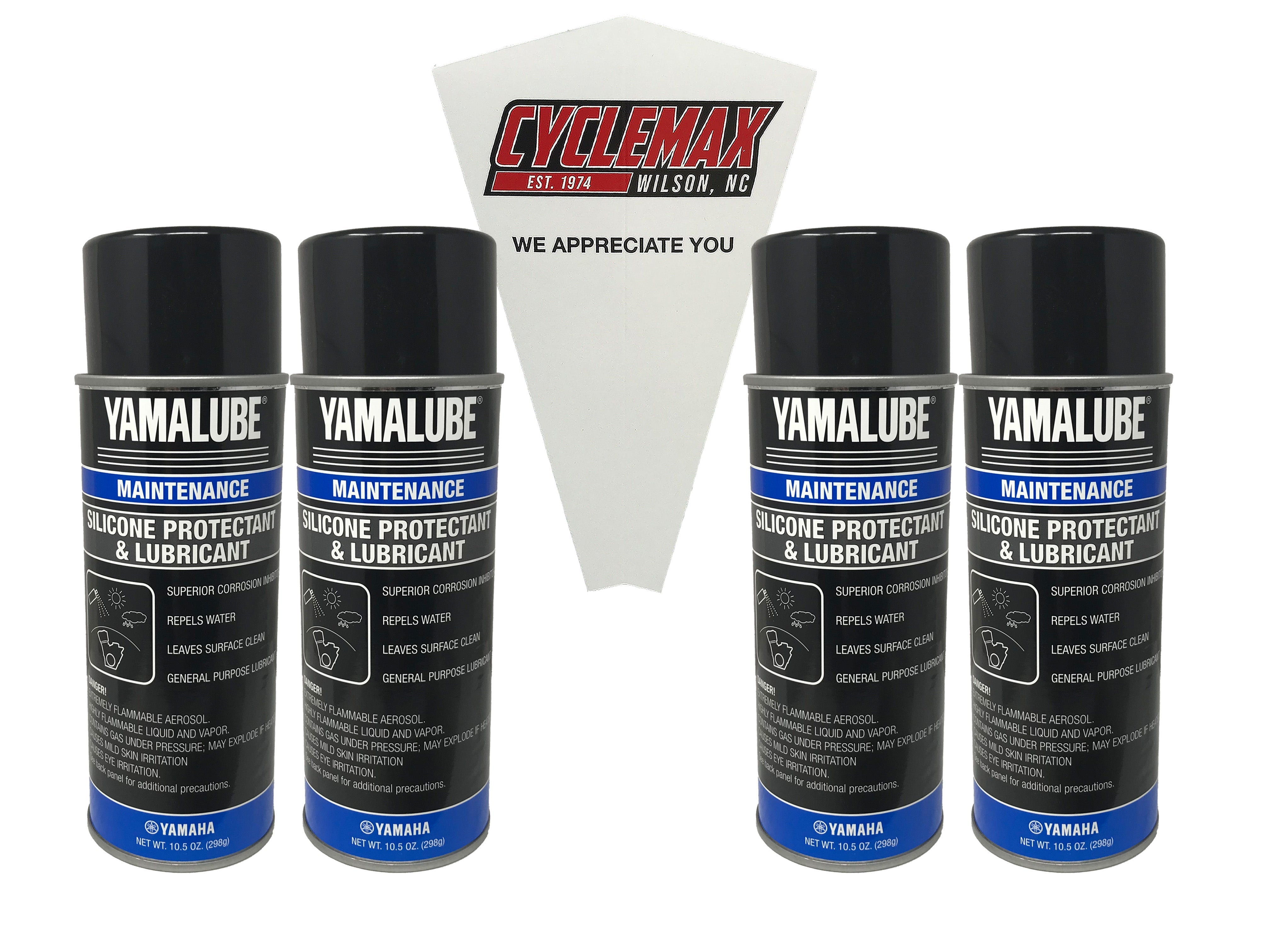 Cyclemax Four Pack for Yamaha Yamalube Silicone Protectant & Lubricant ACC-SLCNS-PR-AY Contains Four Cans and a Funnel