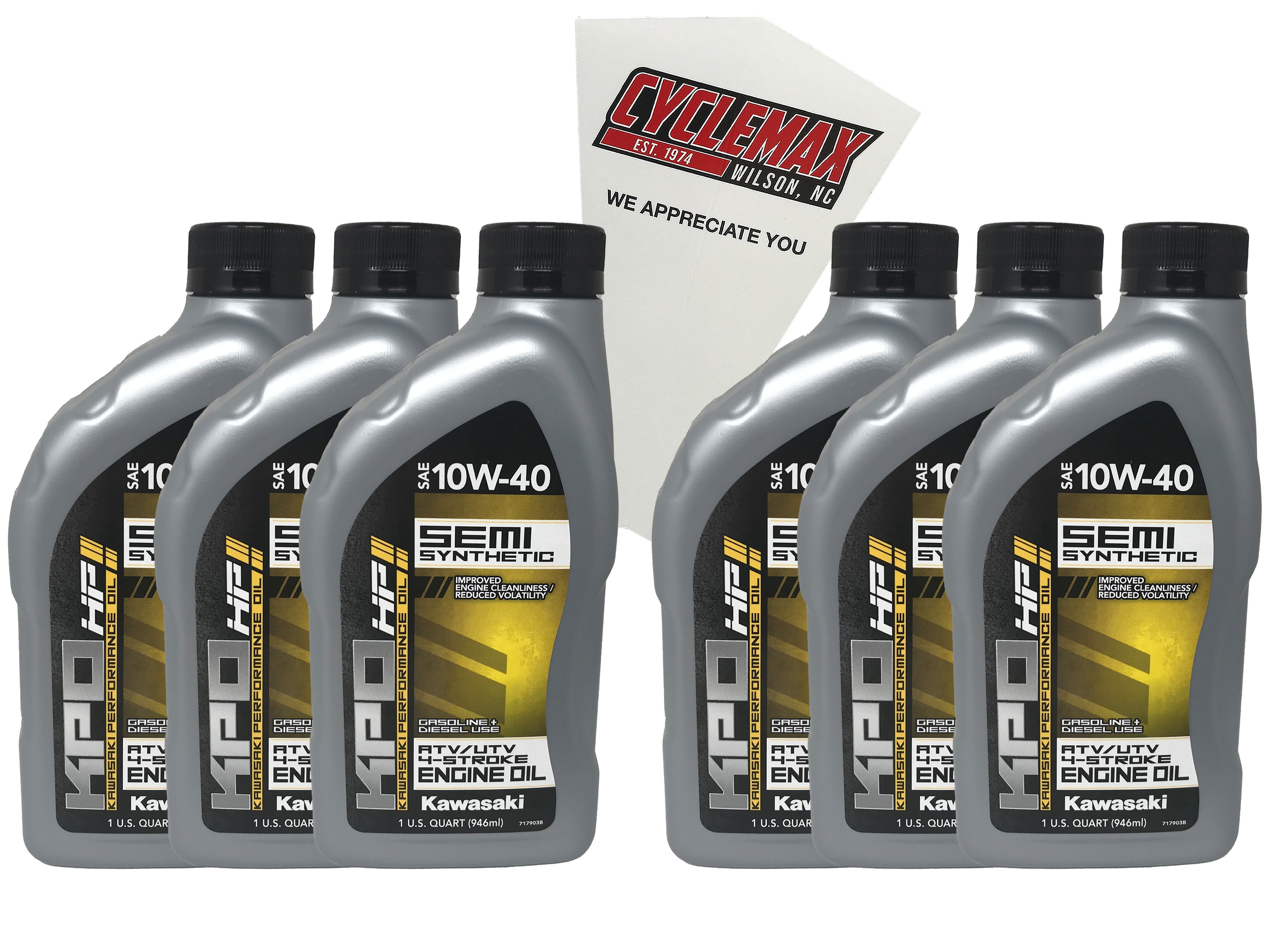 Cyclemax Six Pack for Kawasaki KPO Semi Synthetic ATV/UTV 10W-40Oil K61027-300-01Q Contains Six Quarts and a Funnel