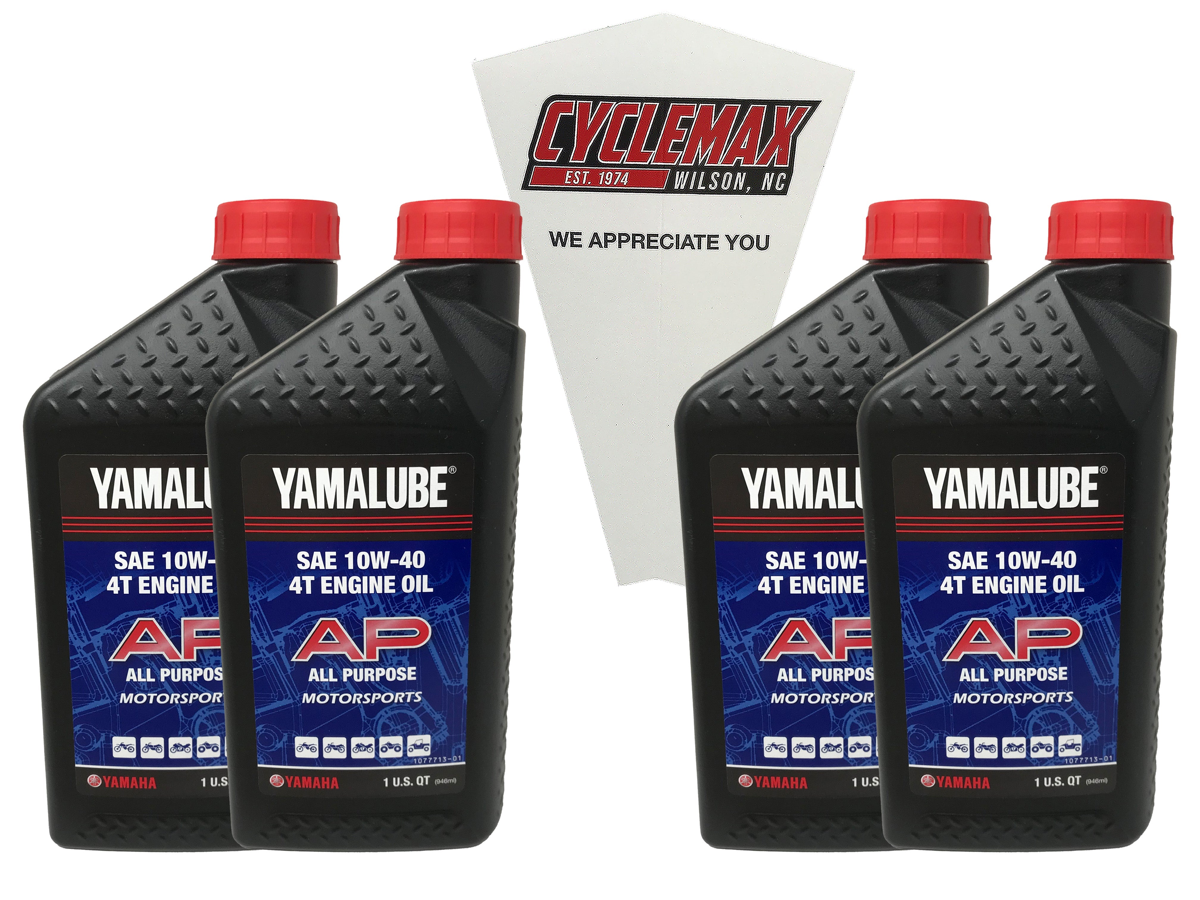 Cyclemax Four Pack of Yamaha Yamalube SAE 10W-40 4-Stroke Engine Oil LUB-10W-40-AP-12 Contains Four Quarts and a Funnel