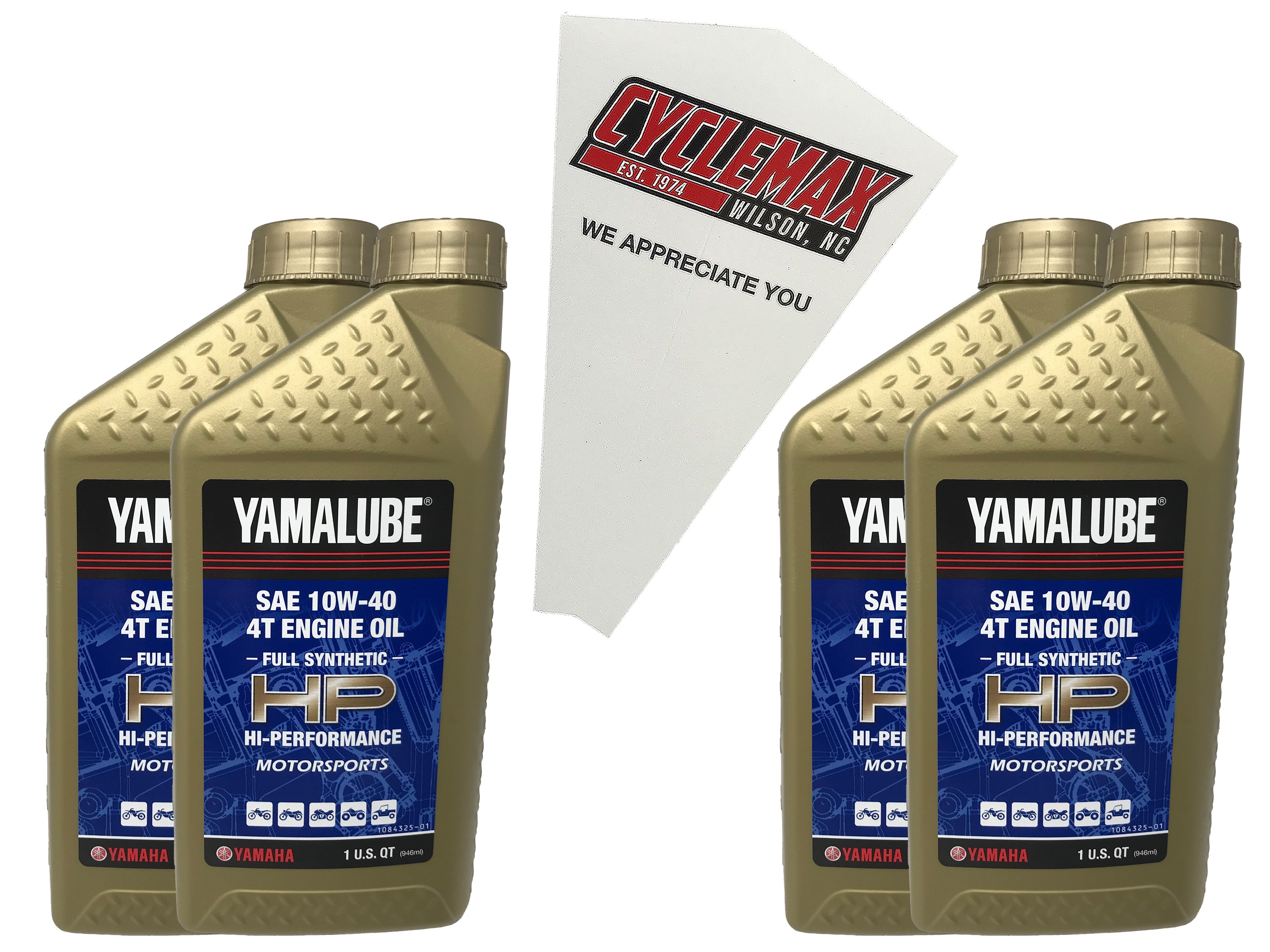 Cyclemax Four Pack of Yamaha Yamalube Full 4-Stroke Synthetic 10W-40 Oil LUB-10W40-FS-12 Contains Four Quarts and a Funnel