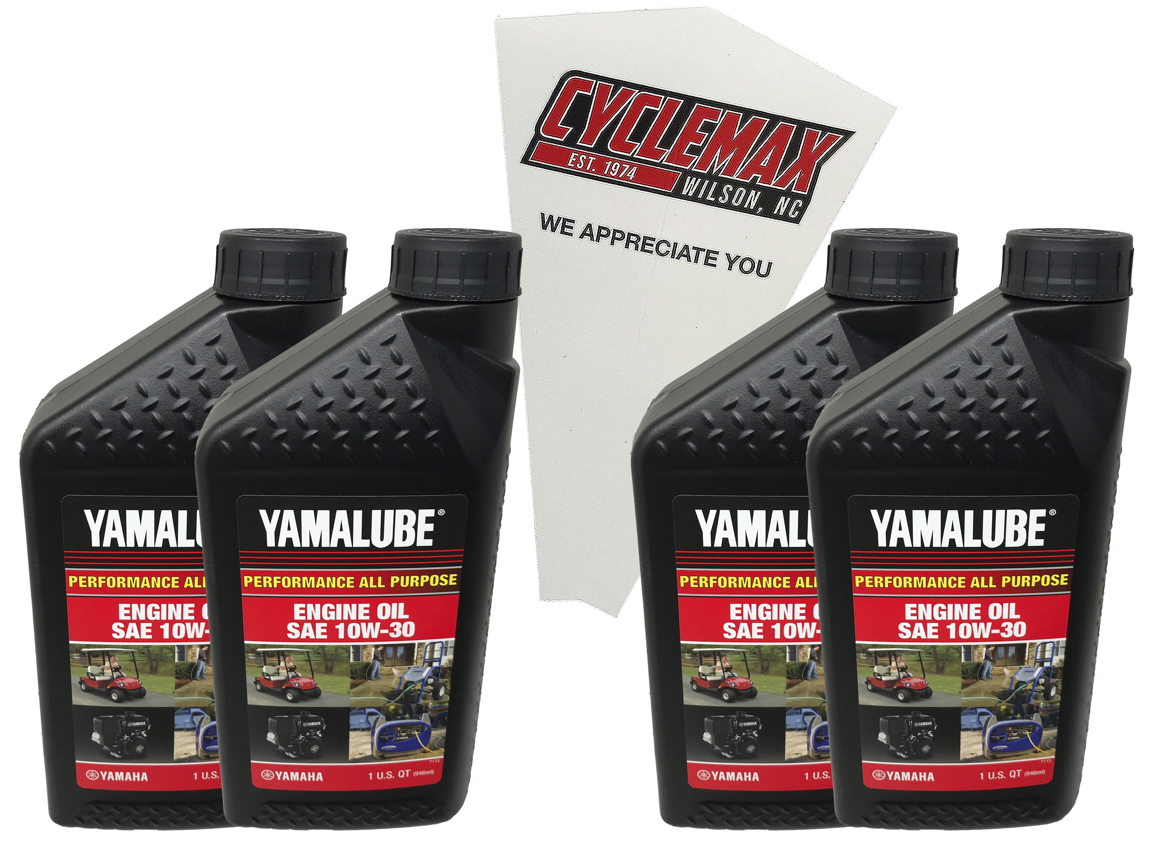 Cyclemax Four Pack for Yamaha Yamalube Golf Car Engine 10W-30 Engine LUB-10W30-GG-12 Contains Four Quarts and a Funnel