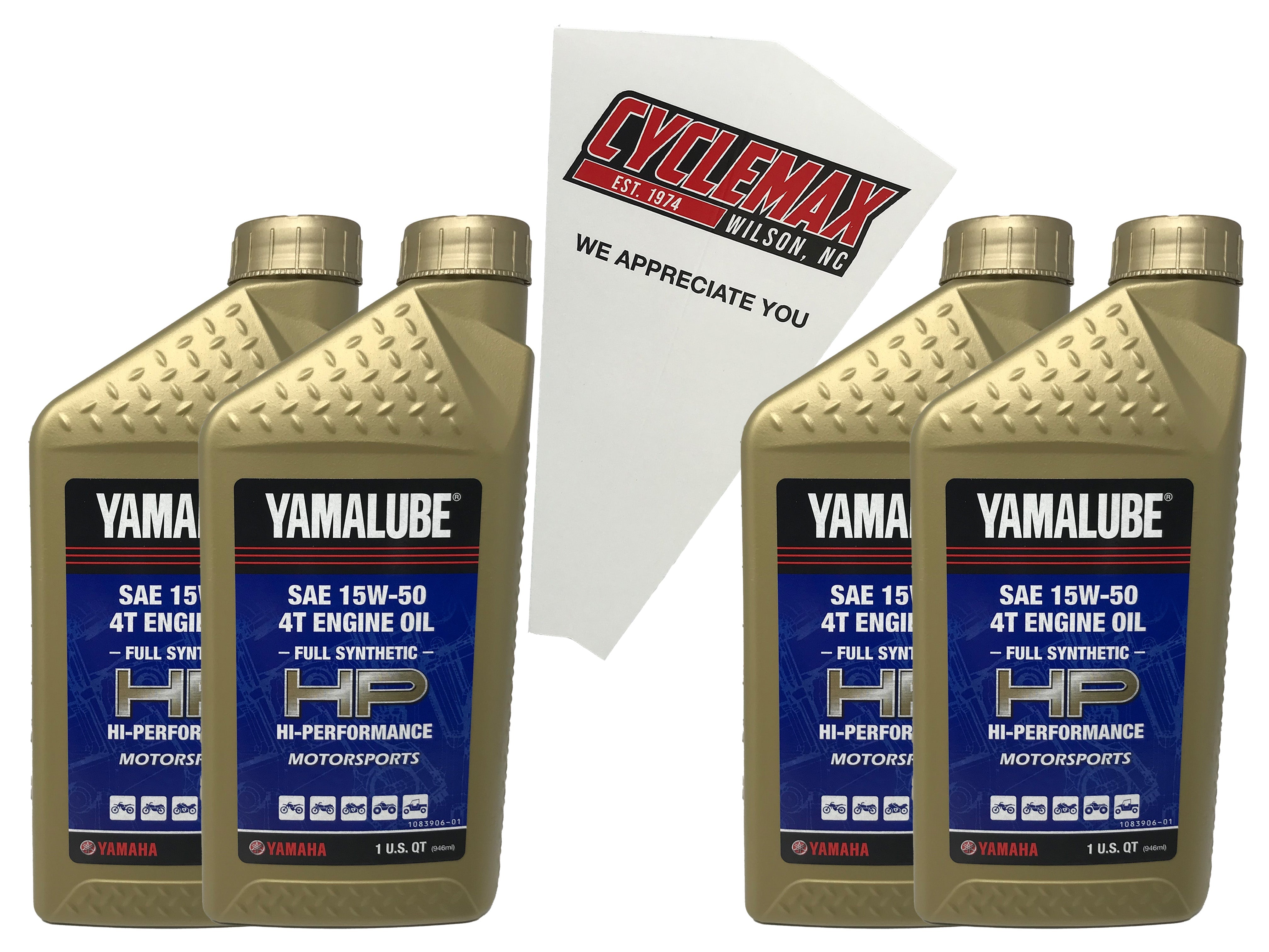 Cyclemax Four Pack for Yamaha Yamalube Full Synthetic 20W-40 4-Stroke Engine Oil LUB-15W50-FS-12 Contains Four Quarts and a Funnel