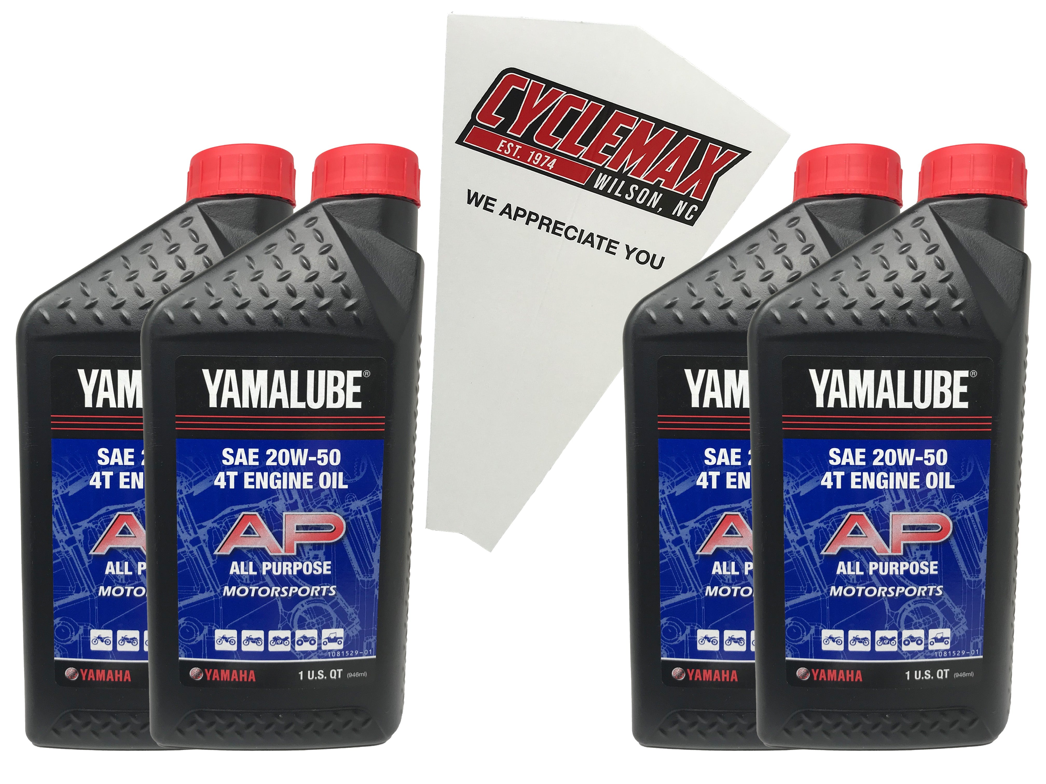 Cyclemax Four Pack for Yamaha Yamalube SAE 20W-50 4-Stroke Engine Oil LUB-20W50-AP-12 Contains Four Quarts and a Funnel