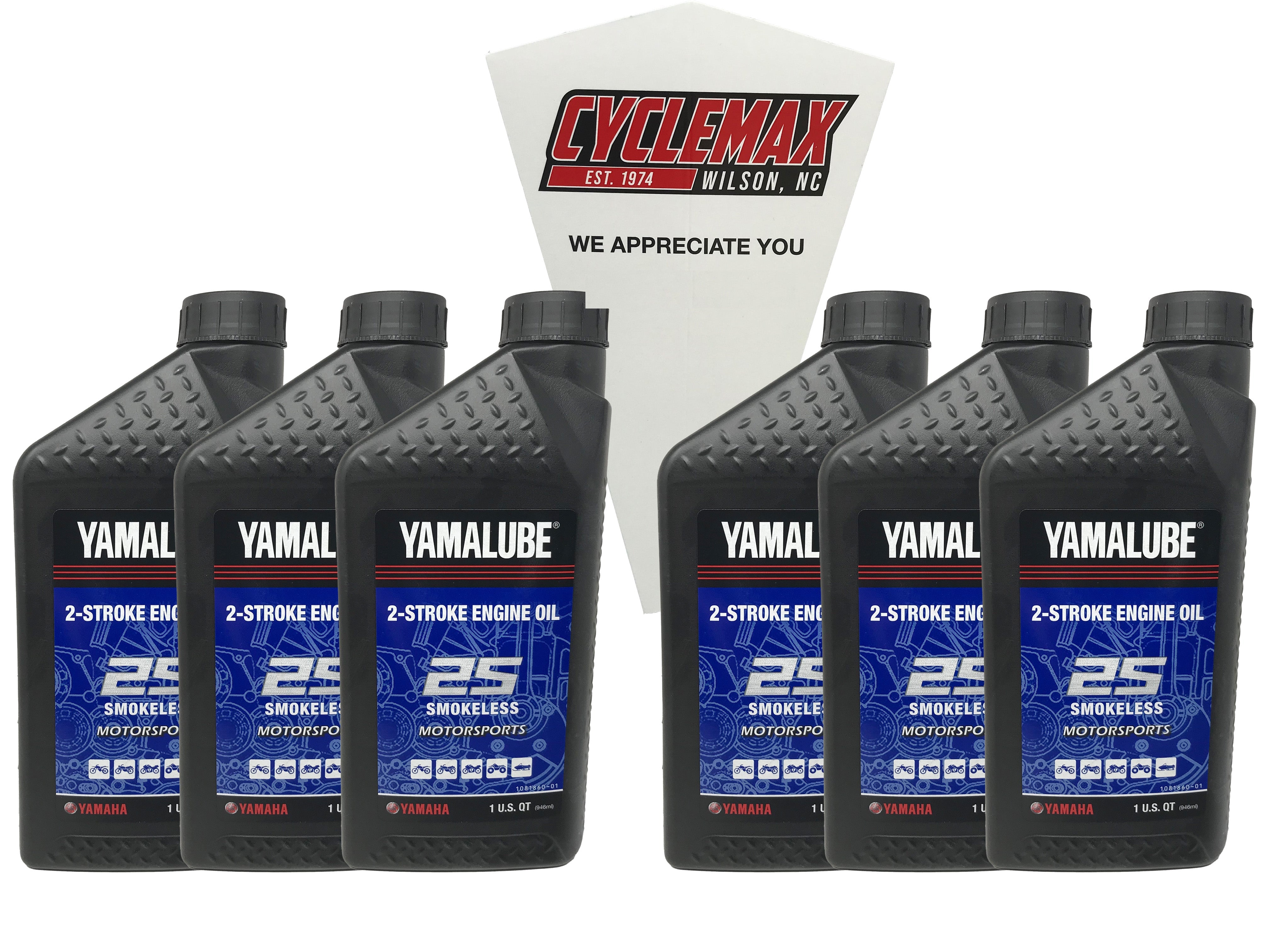 Cyclemax Six Pack for Yamaha All-Purpose 2S Smokeless 2-Stroke Oil LUB-2STRK-S1-12 Contains Six Quarts and a Funnel
