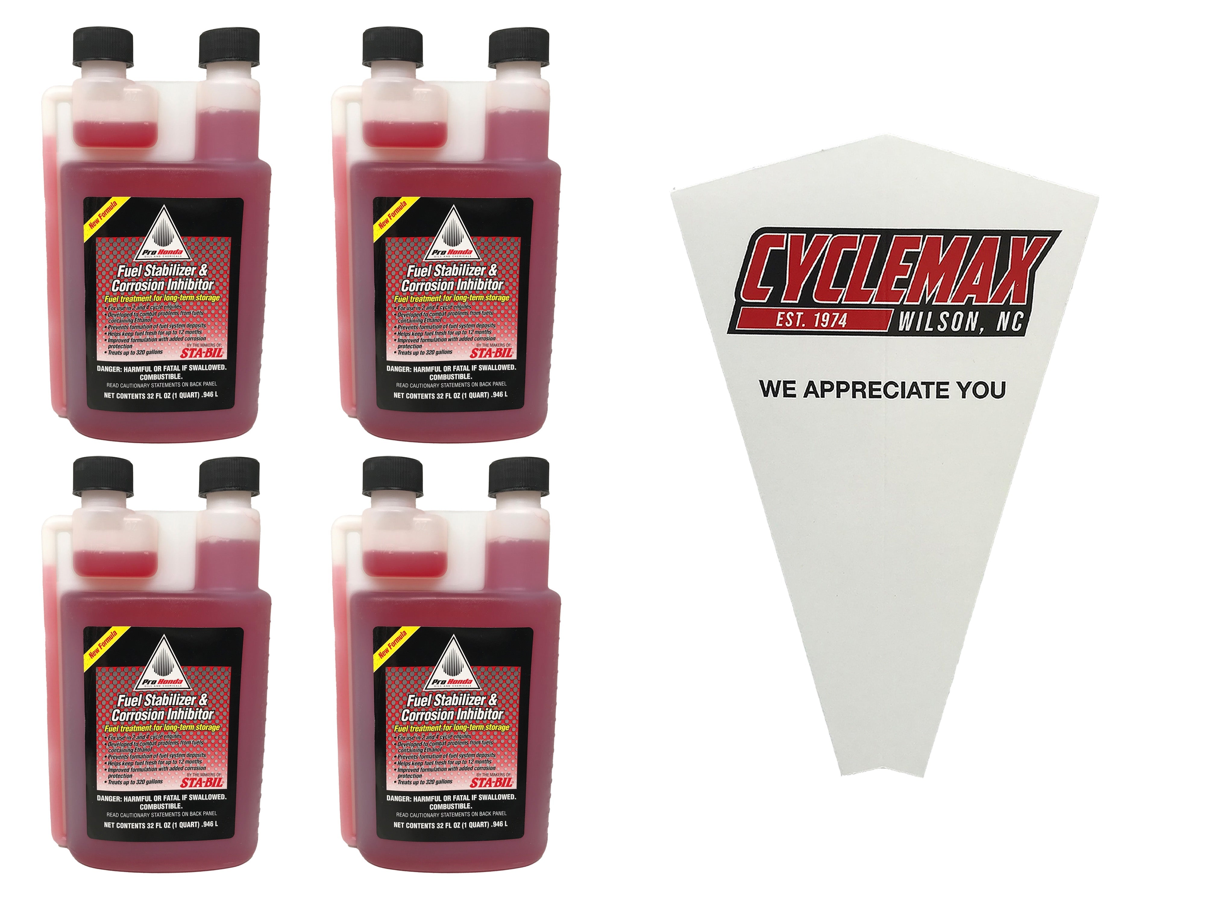 CYCLEMAX Four Pack for Honda Fuel Stabilizer & Corrosion Inhibitor 08732-3200 Contains Four 32oz Bottles and a Funnel