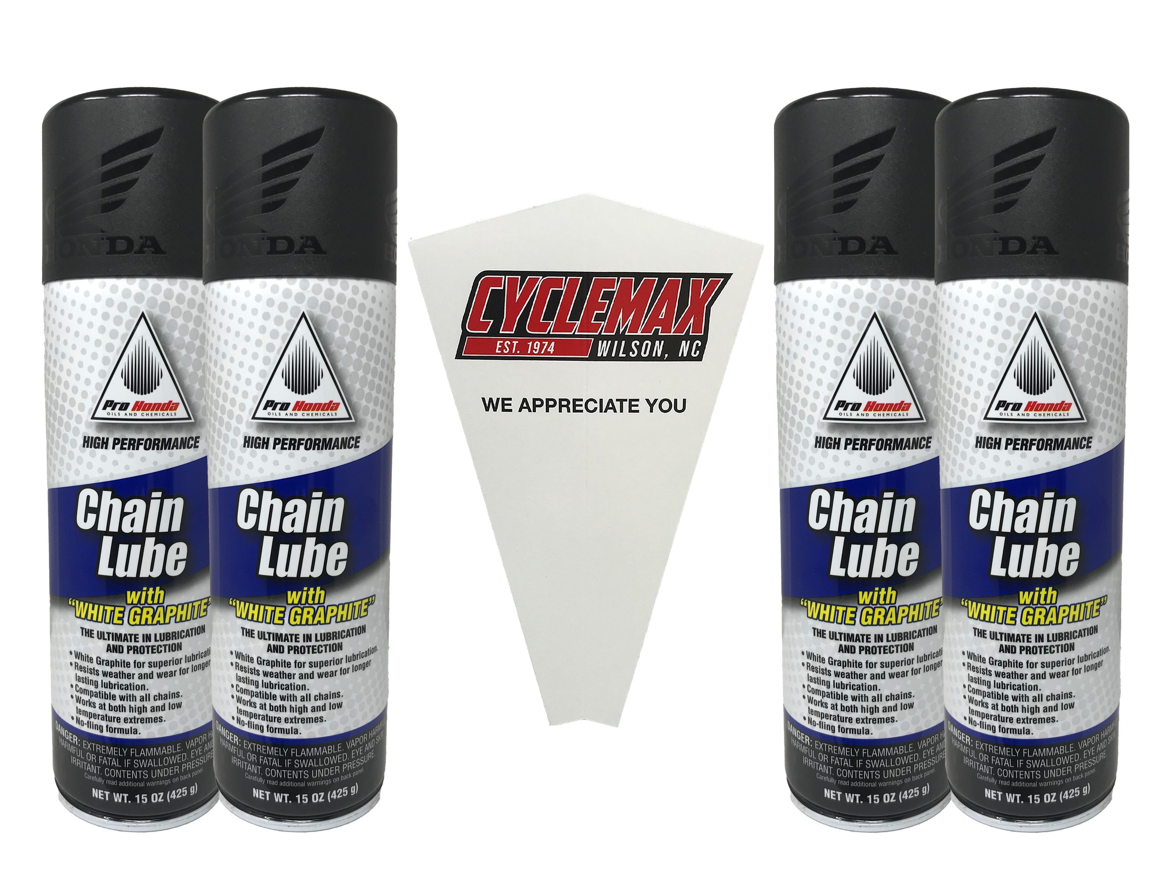 Cyclemax Four Pack for Honda Chain Lube with White Graphite 08732-CLG00 Contains Four 11oz Cans and a Funnel