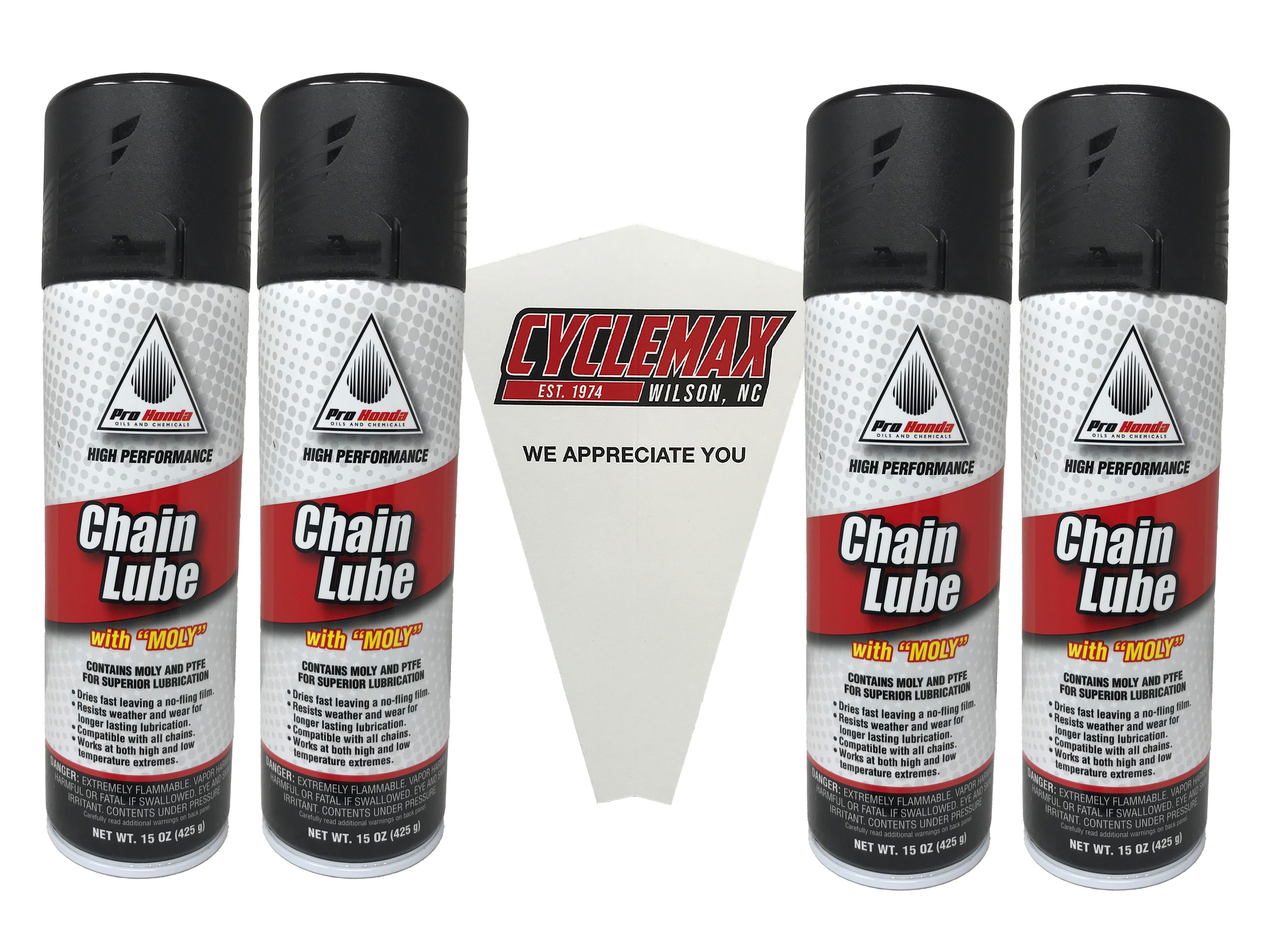 Cyclemax Four Pack for Honda Chain Lube with Moly 08732-CLM00 Contains Four 11oz Cans and a Funnel