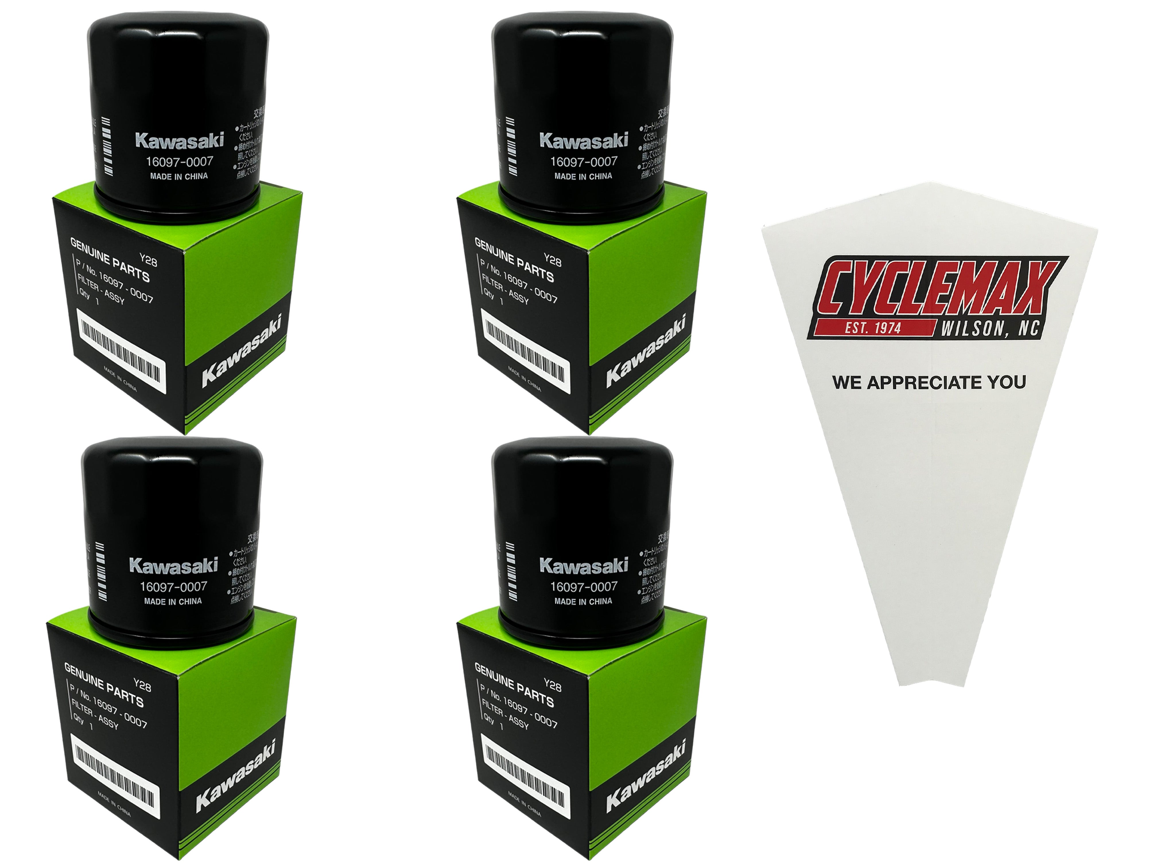 Cyclemax Four Pack for Kawasaki Oil Filter 16097-0007 Contains Four Filters and a Funnel