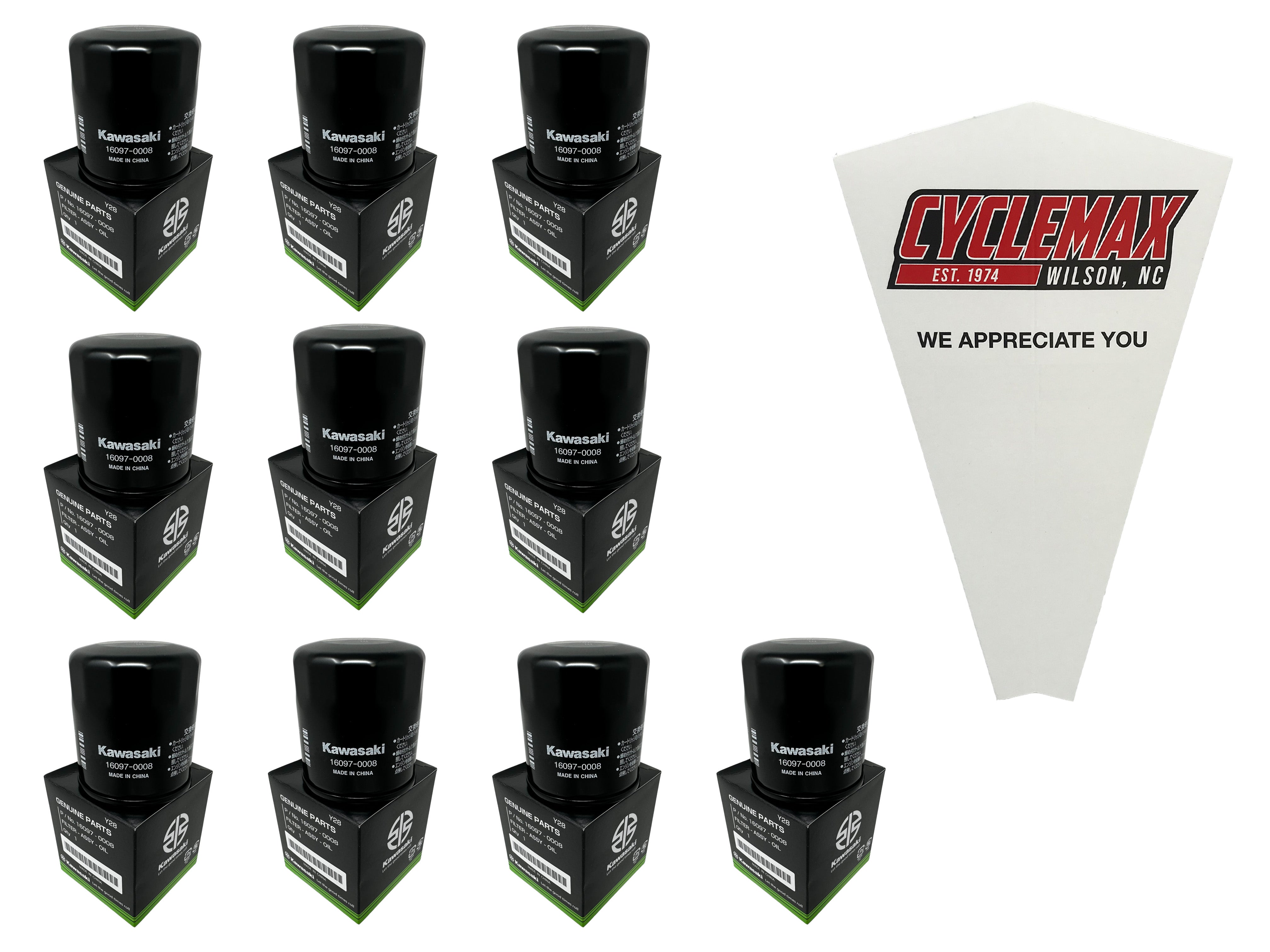 Cyclemax Ten Pack for Kawasaki Oil Filter 16097-0008 Contains Ten Filters and a Funnel