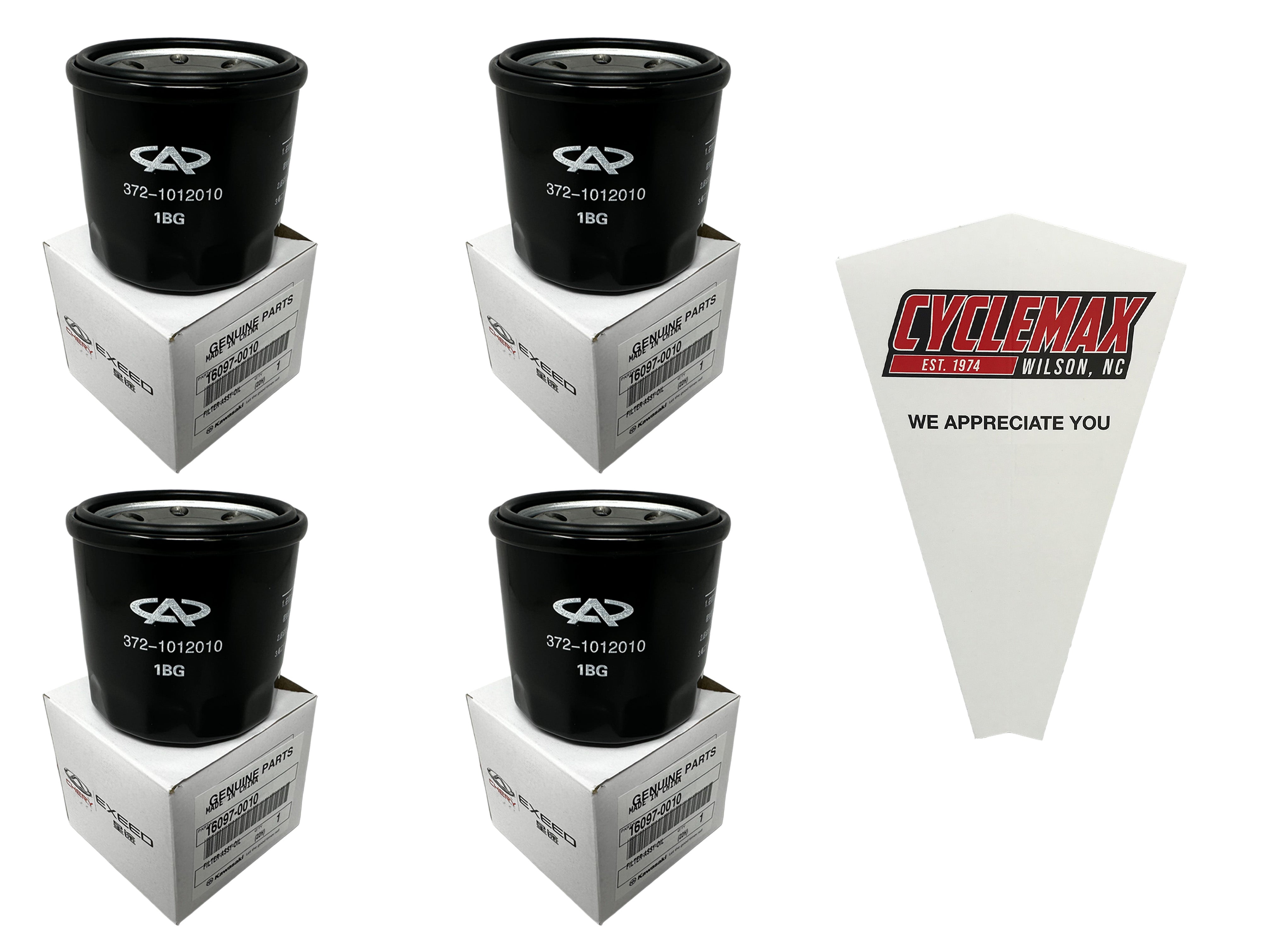 Cyclemax Four Pack for Kawasaki Oil Filter 16097-0010 Contains Four Filters and a Funnel