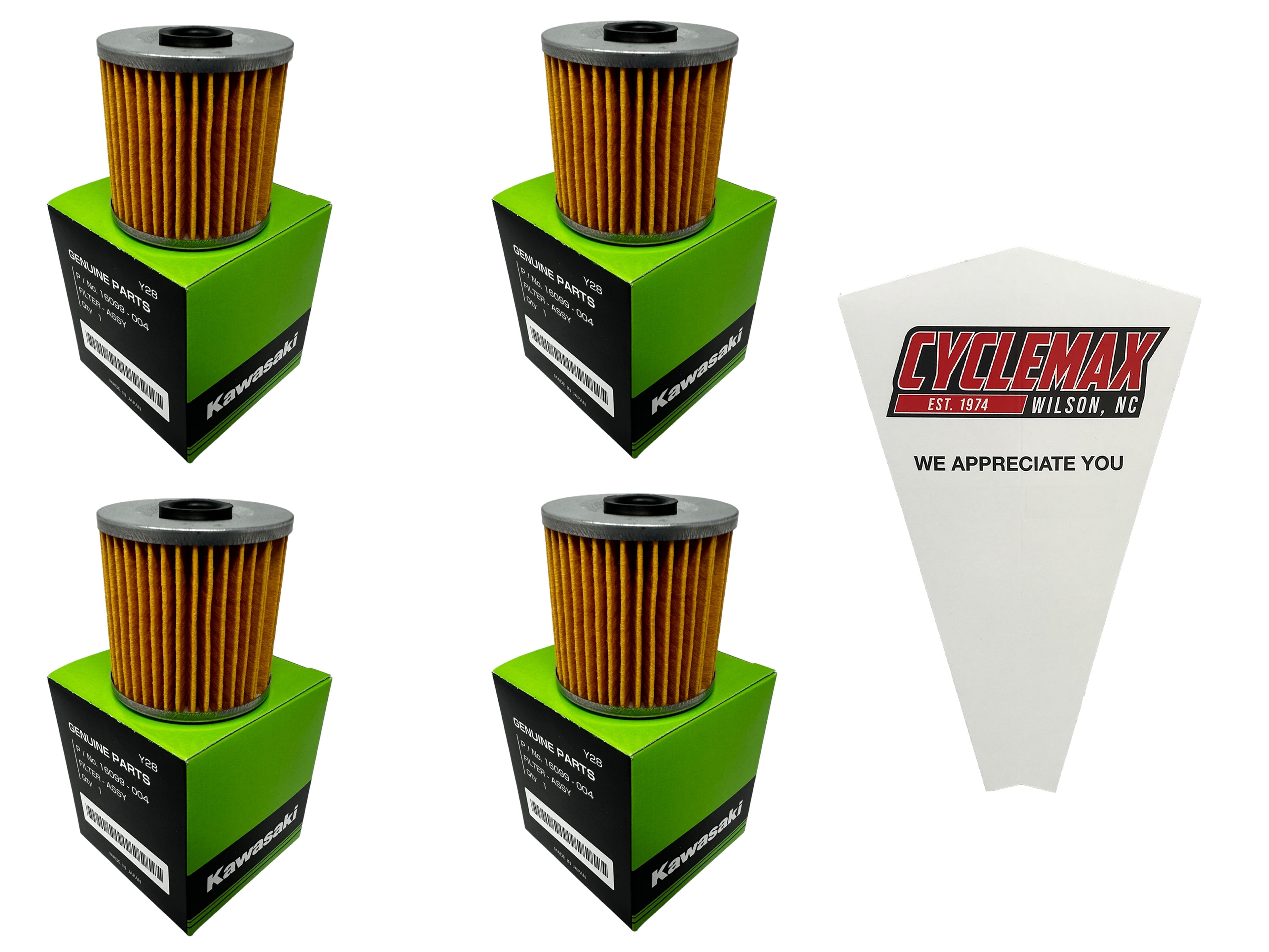 Cyclemax Four Pack for Kawasaki Oil Filter 16099-004 Contains Four Filters and a Funnel