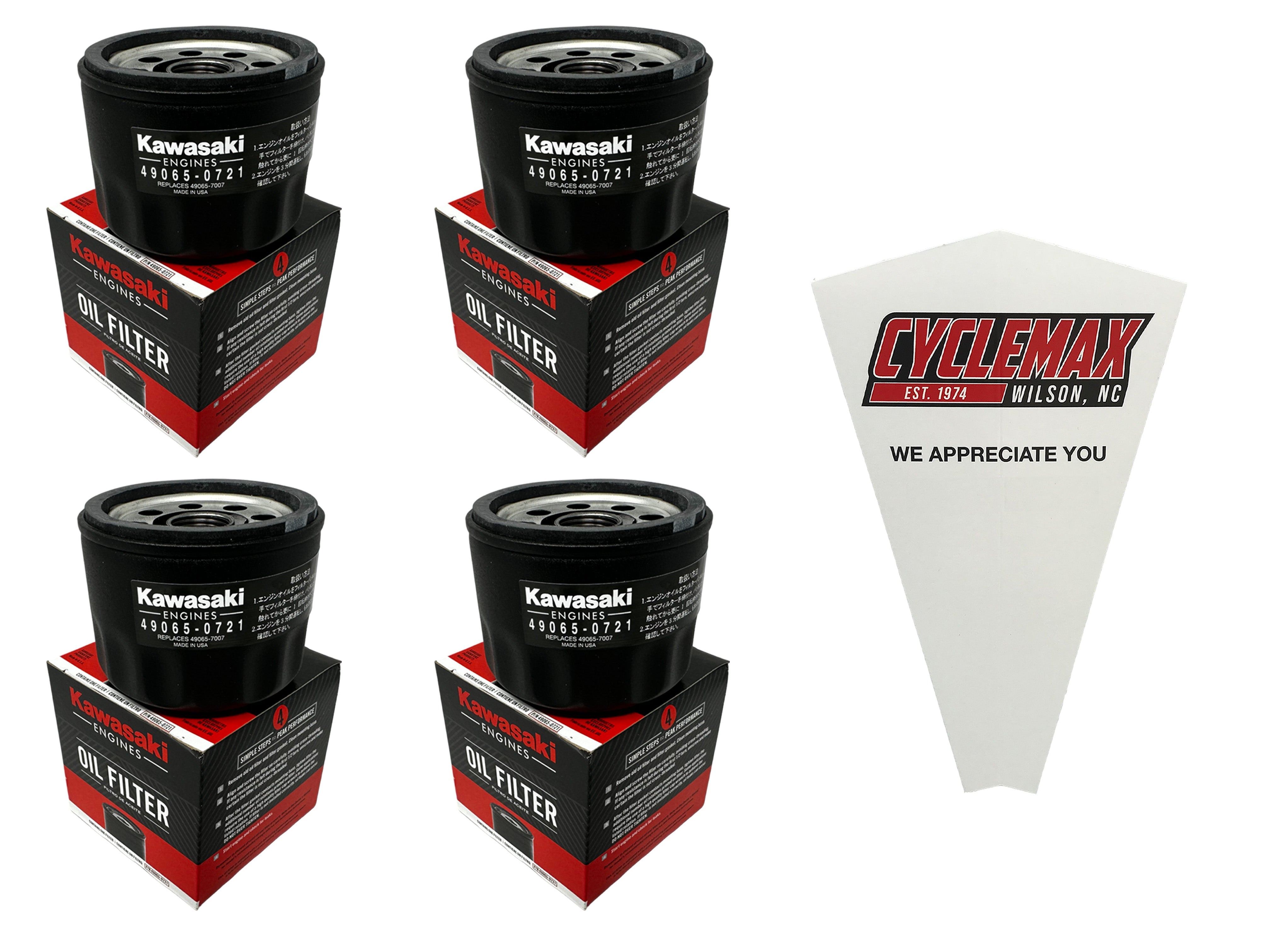 Cyclemax Four Pack for Kawasaki Oil Filter 49065-0721 Contains Four Filters and a Funnel