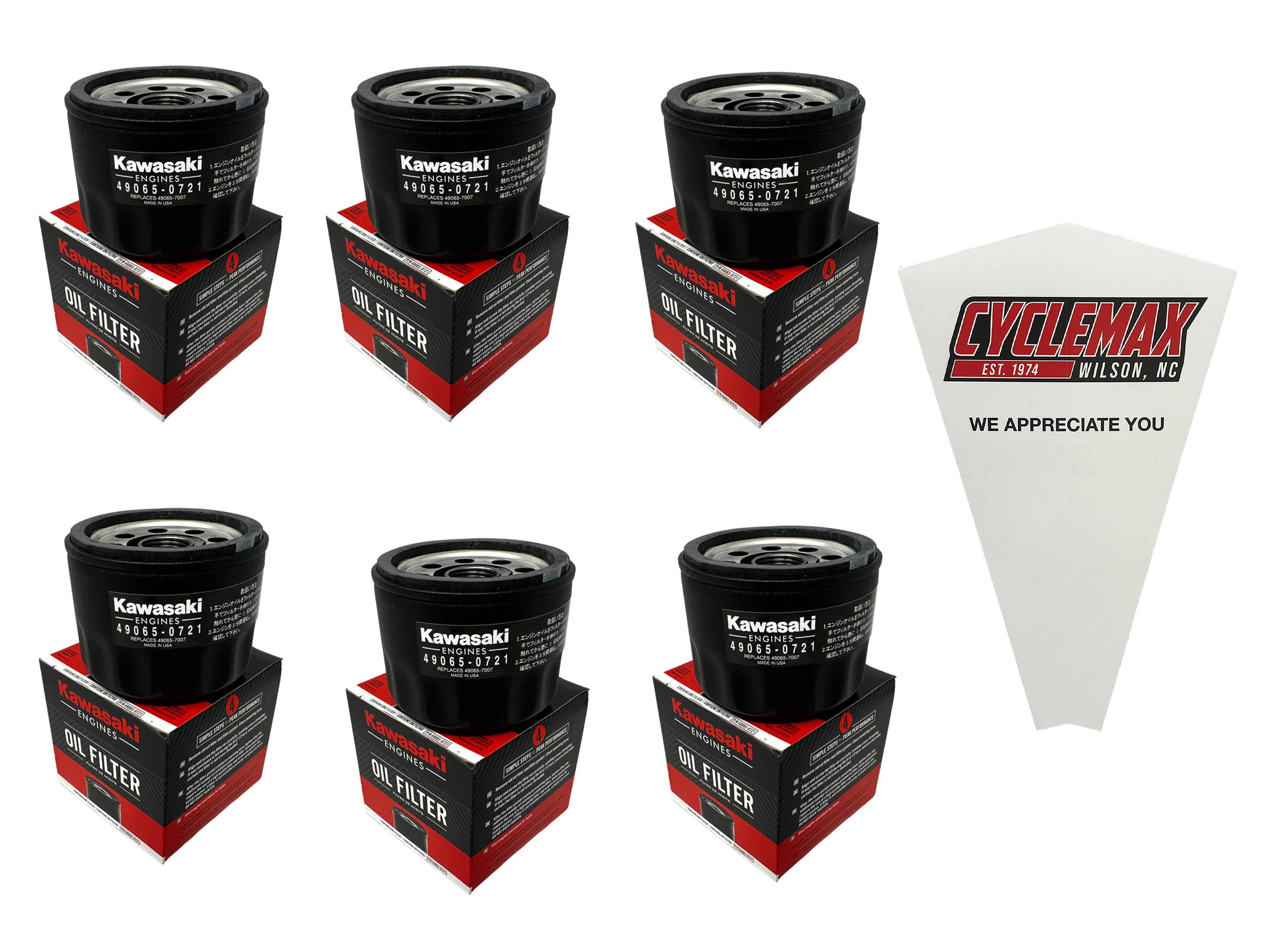 Cyclemax Six Pack for Kawasaki Oil Filter 49065-0721 Contains Six Filters and a Funnel