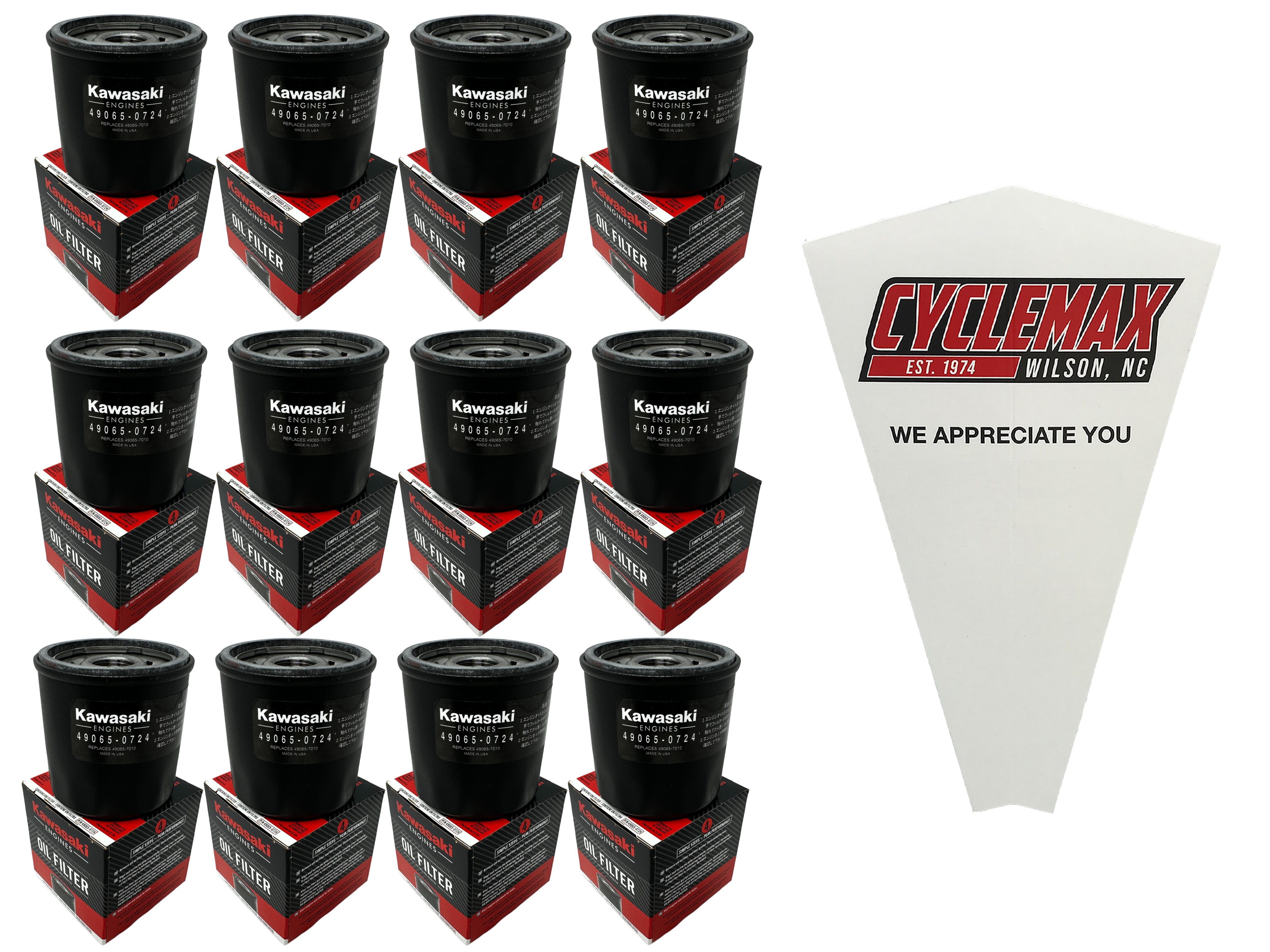 Cyclemax Twelve Pack for Kawasaki Oil Filter 49065-0724 Contains Twelve Filters and a Funnel