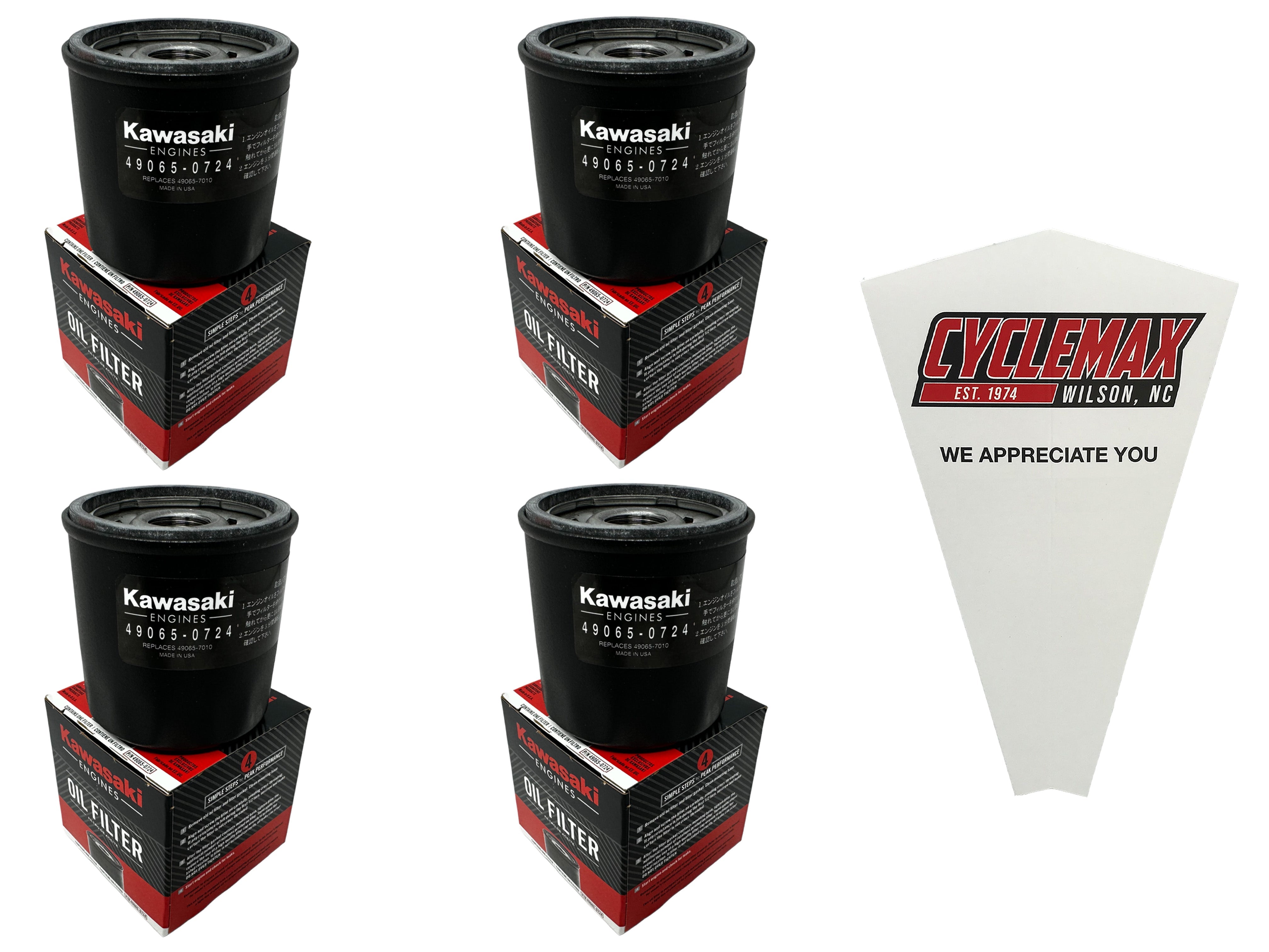Cyclemax Four Pack for Kawasaki Oil Filter 49065-0724 Contains Four Filters and a Funnel