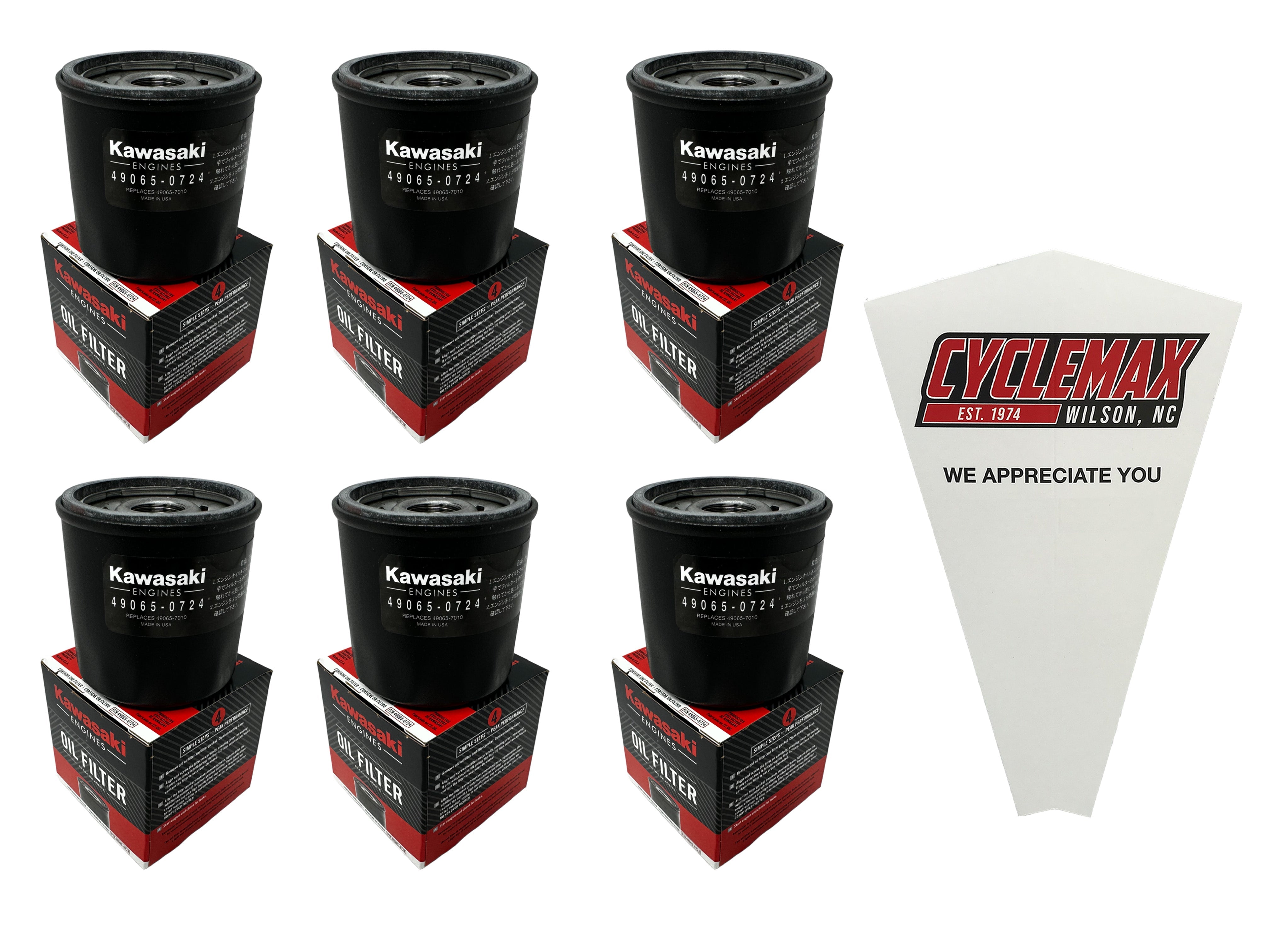 Cyclemax Six Pack for Kawasaki Oil Filter 49065-0724 Contains Six Filters and a Funnel