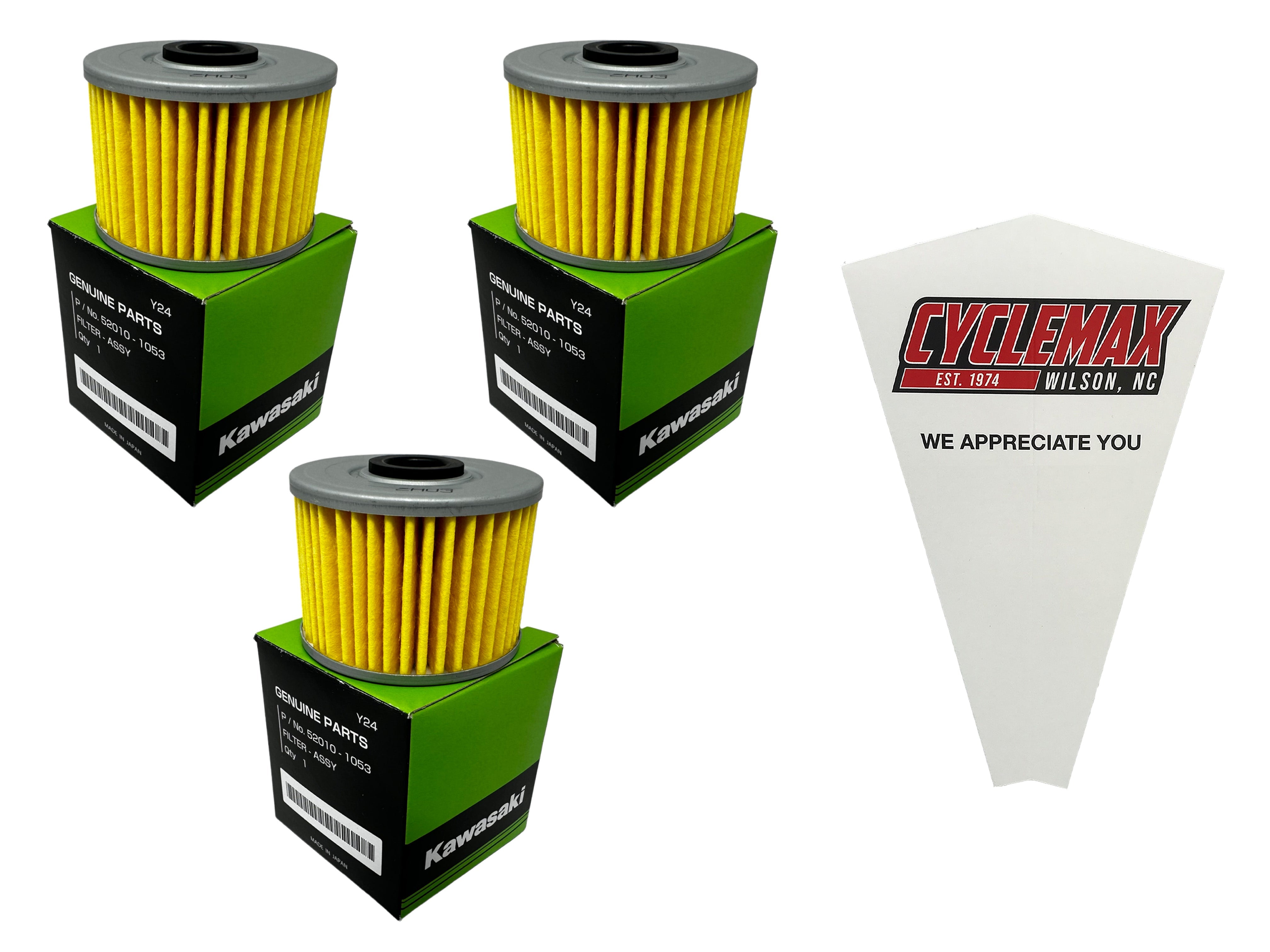 Cyclemax Three Pack for Kawasaki Oil Filter 52010-1053 Contains Three Filters and a Funnel