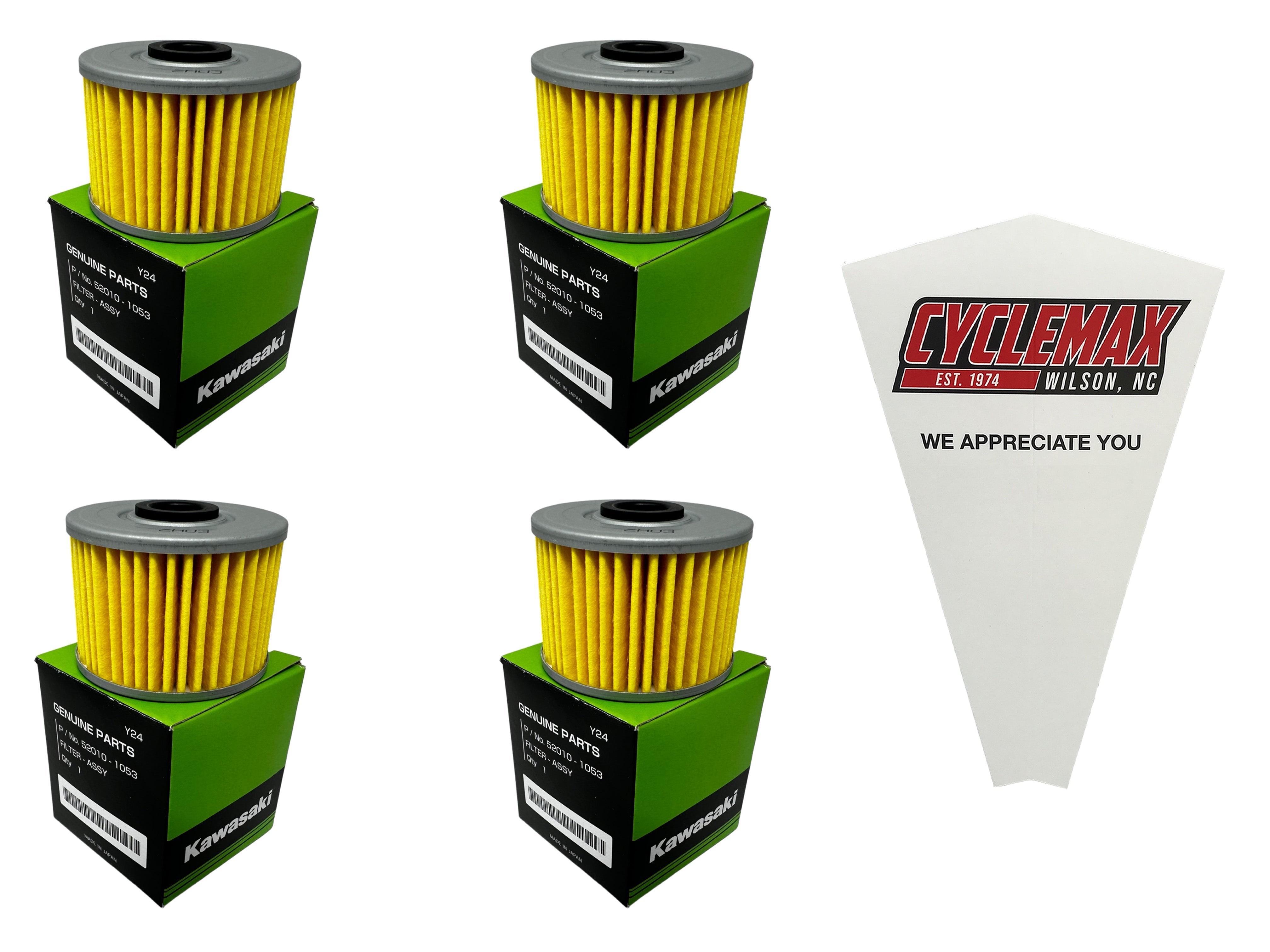 Cyclemax Four Pack for Kawasaki Oil Filter 52010-1053 Contains Four Filters and a Funnel