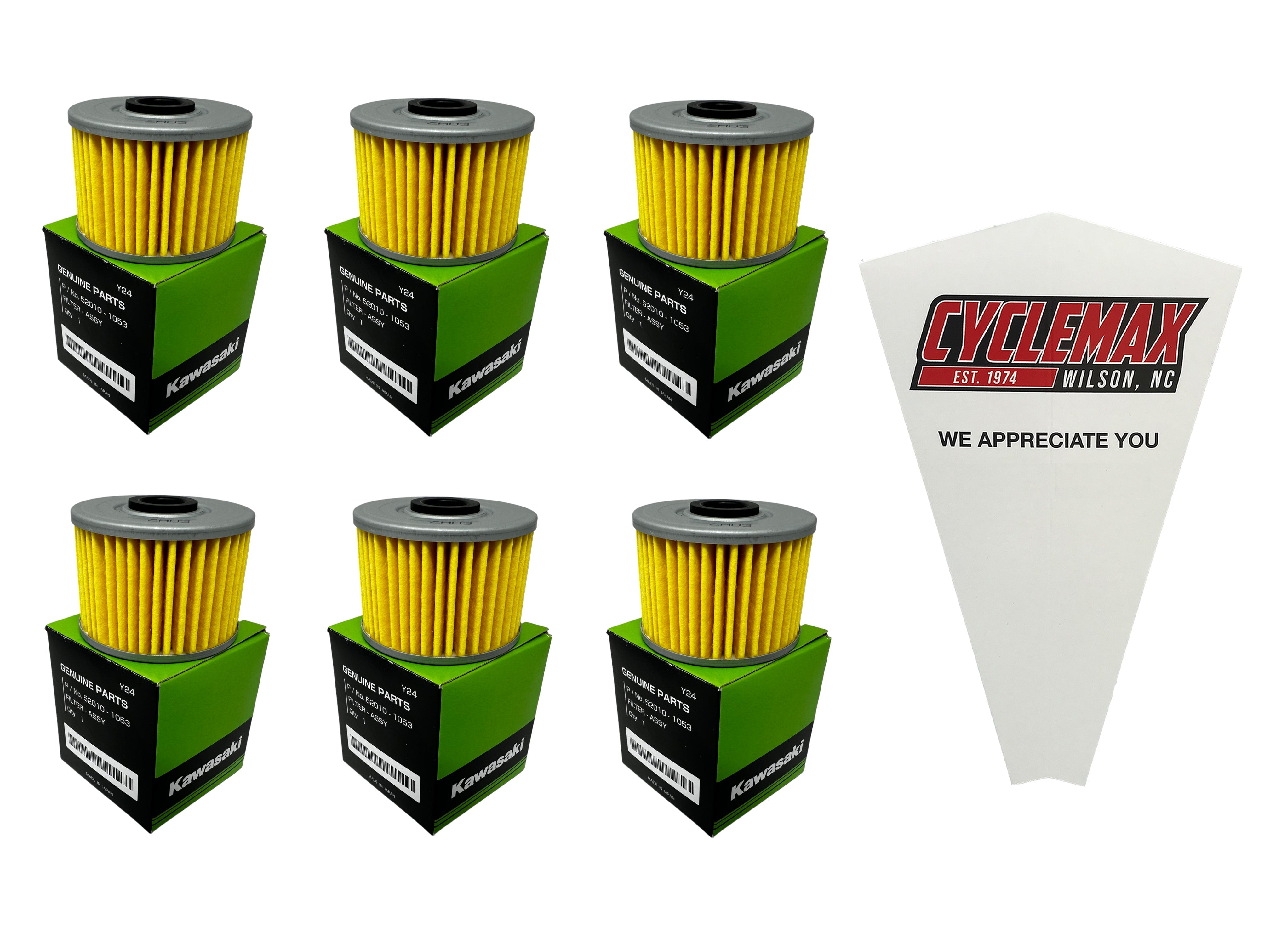 Cyclemax Six Pack for Kawasaki Oil Filter 52010-1053 Contains Six Filters and a Funnel
