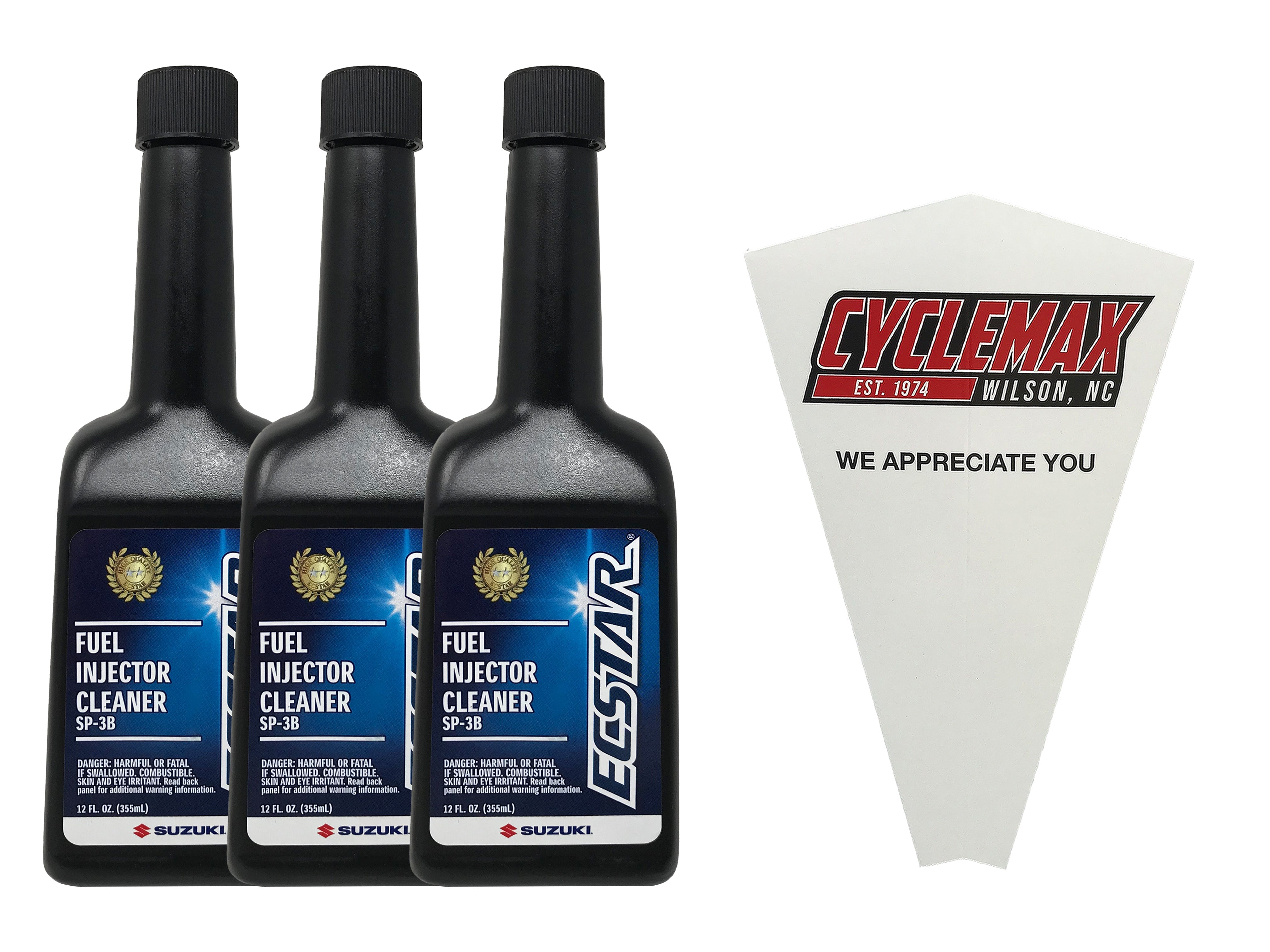 CYCLEMAX Three Pack for Suzuki Ecstar Fuel Injector Cleaner 990A0-02E25-12Z Contains Three 12oz Cans and a Funnel