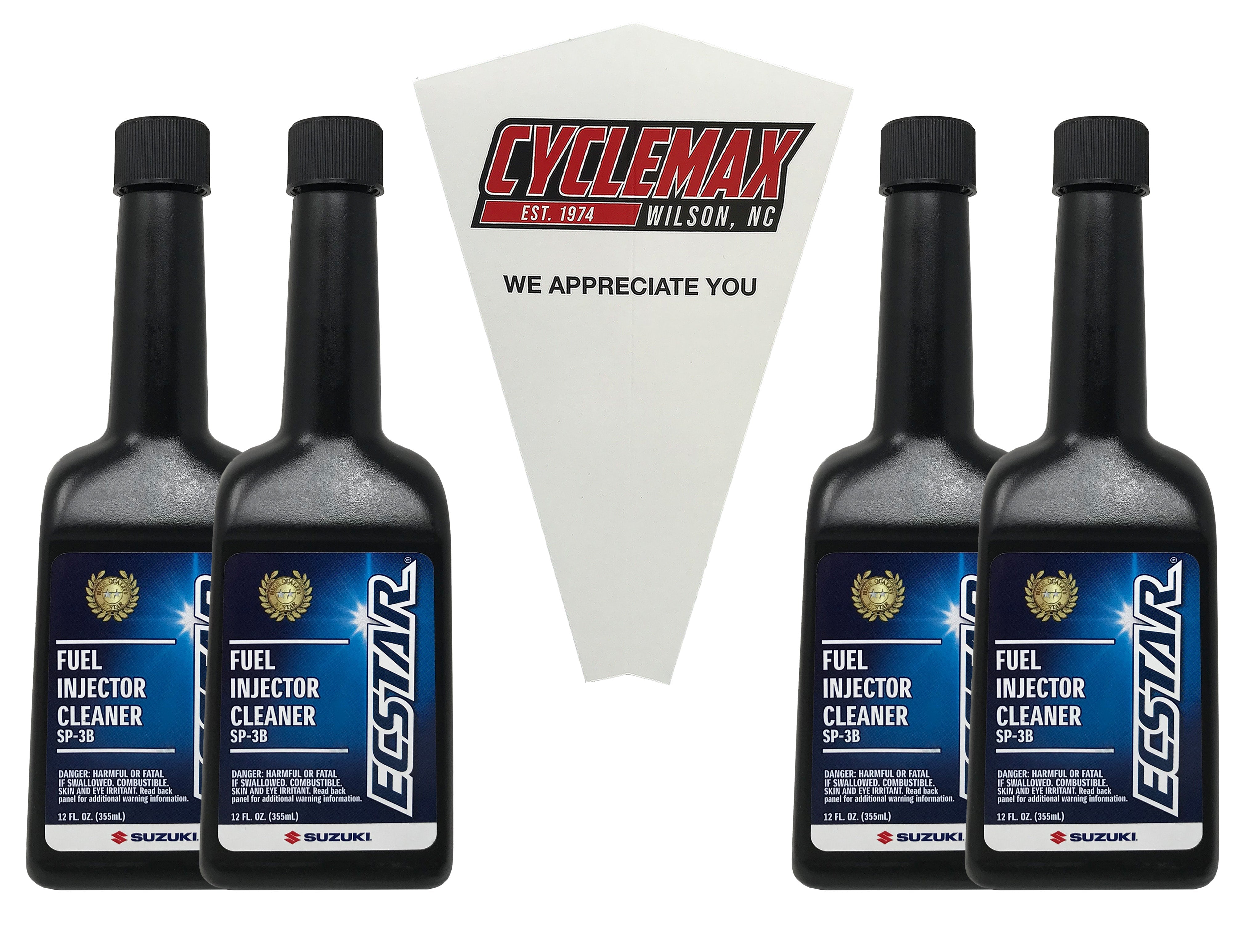 CYCLEMAX Four Pack for Suzuki Ecstar Fuel Injector Cleaner 990A0-02E25-12Z Contains Four 12oz Cans and a Funnel