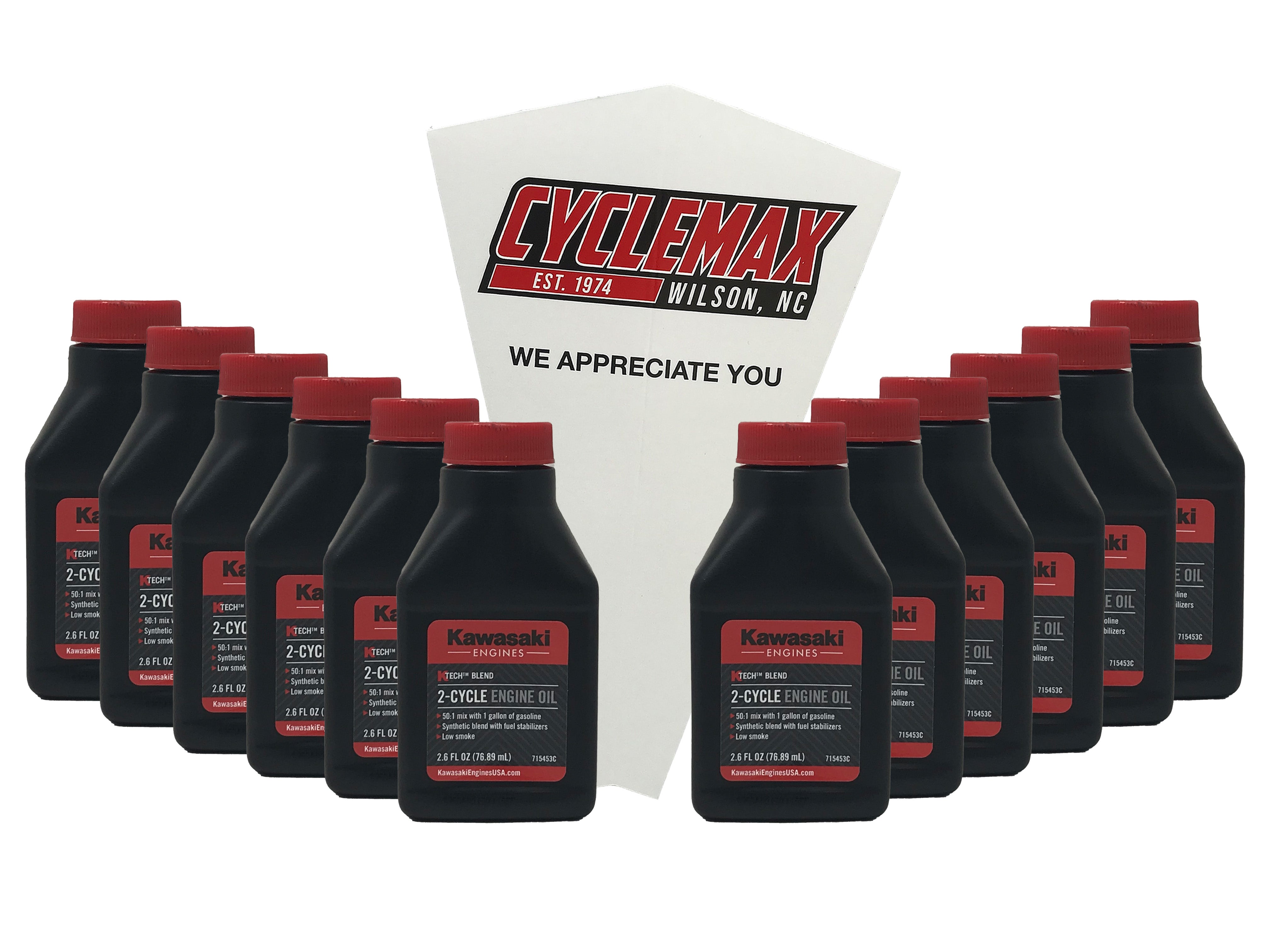 Cyclemax Twelve Pack of Kawasaki KTech 2-Cycle Two Stroke Engine Oil 2.6oz 99969-6082 Contains Twelve Bottles and a Funnel