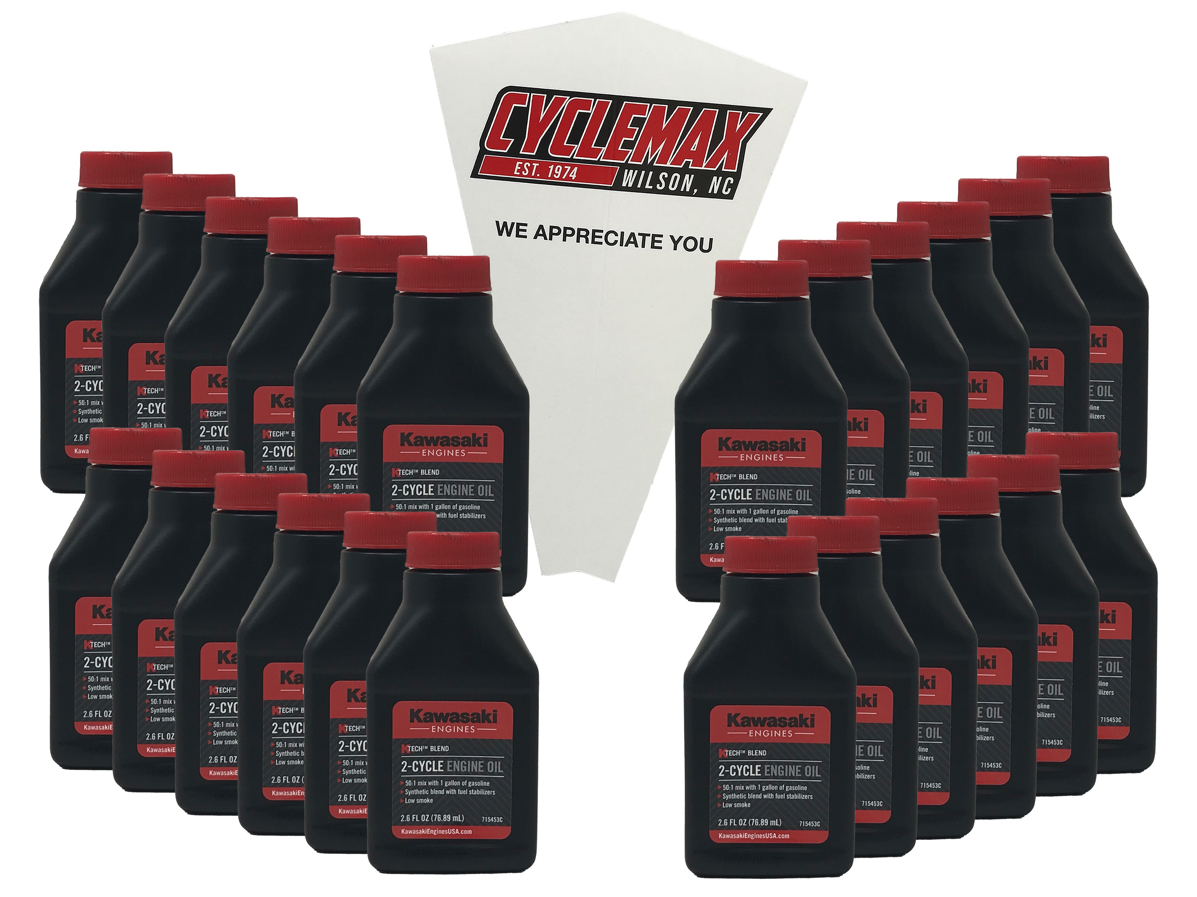 Cyclemax Twenty Four Pack of Kawasaki KTech 2-Cycle Two Stroke Engine Oil 2.6oz 99969-6082 Contains Twenty Four Bottles and a Funnel