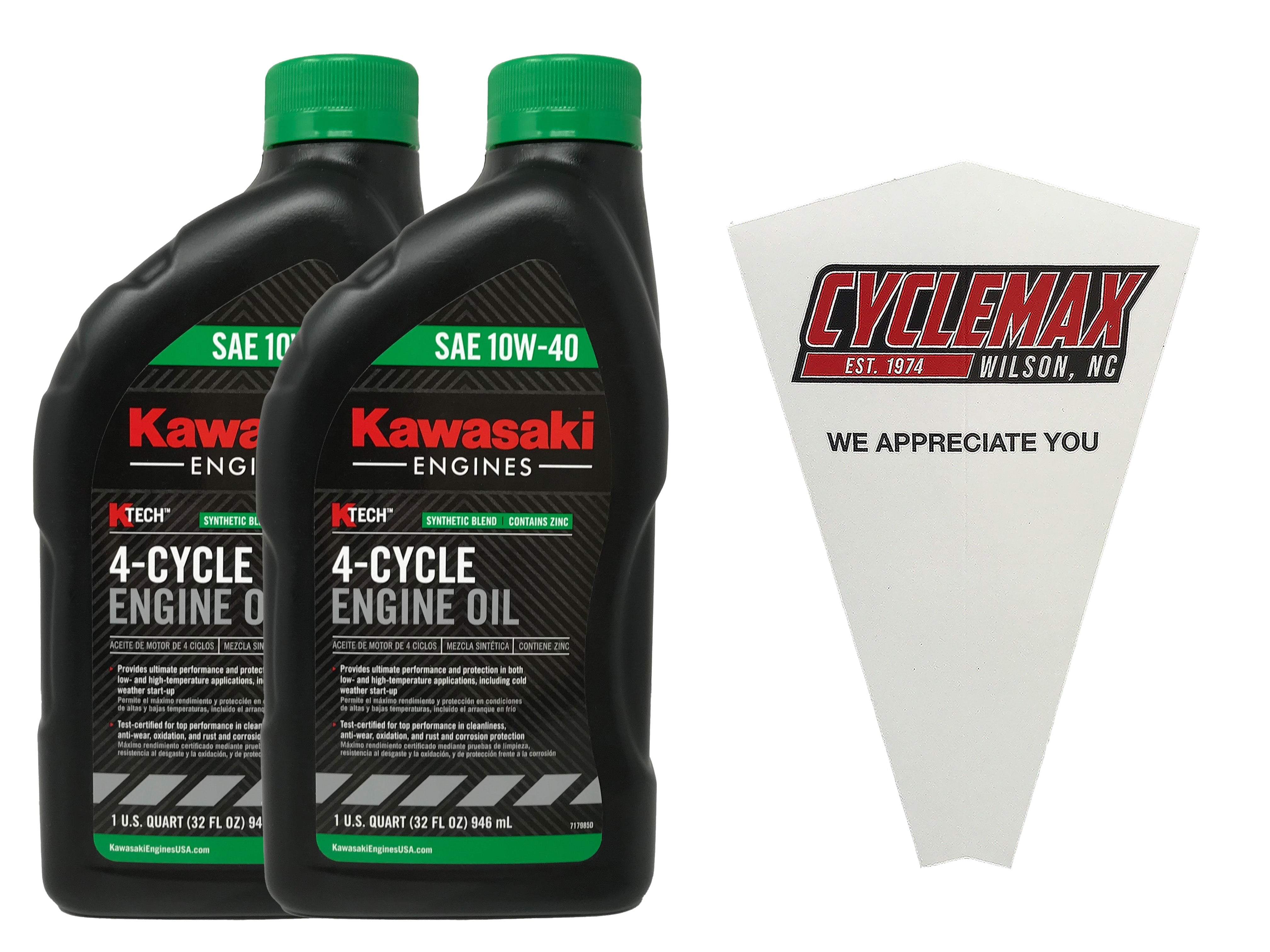 Cyclemax Two Pack for Kawasaki KTECH SAE 10W40 4 Cycle Lawnmower Oil 99969-6296 Contains Two Quarts and a Funnel