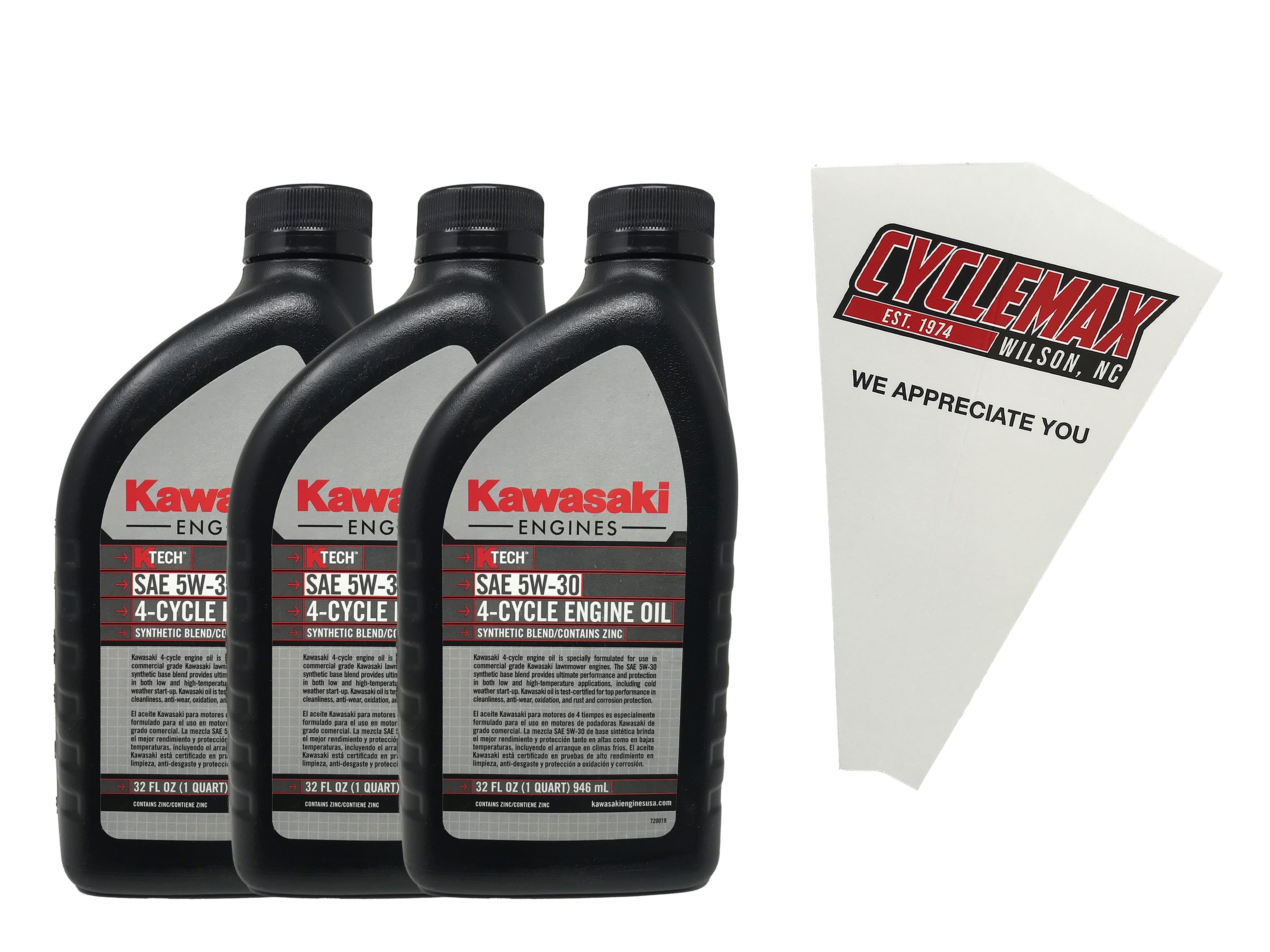 Cyclemax Three Pack for Kawasaki 4 Cycle 5W-30 K-Tech Lawnmower Engine Oil 99969-6500 Contains Three Quarts and a Funnel