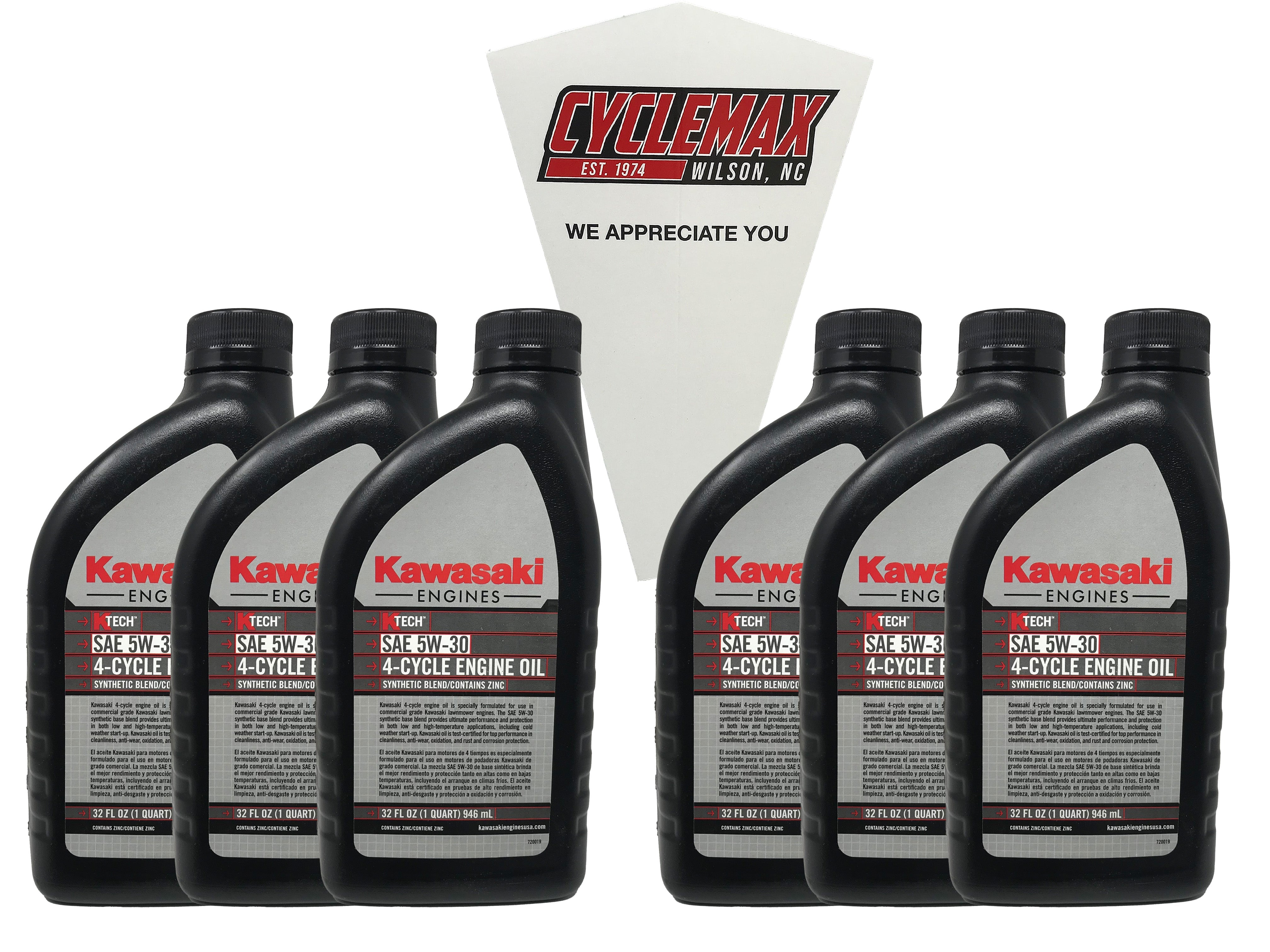 Cyclemax Six Pack for Kawasaki 4 Cycle 5W-30 K-Tech Lawnmower Engine Oil 99969-6500 Contains Six Quarts and a Funnel