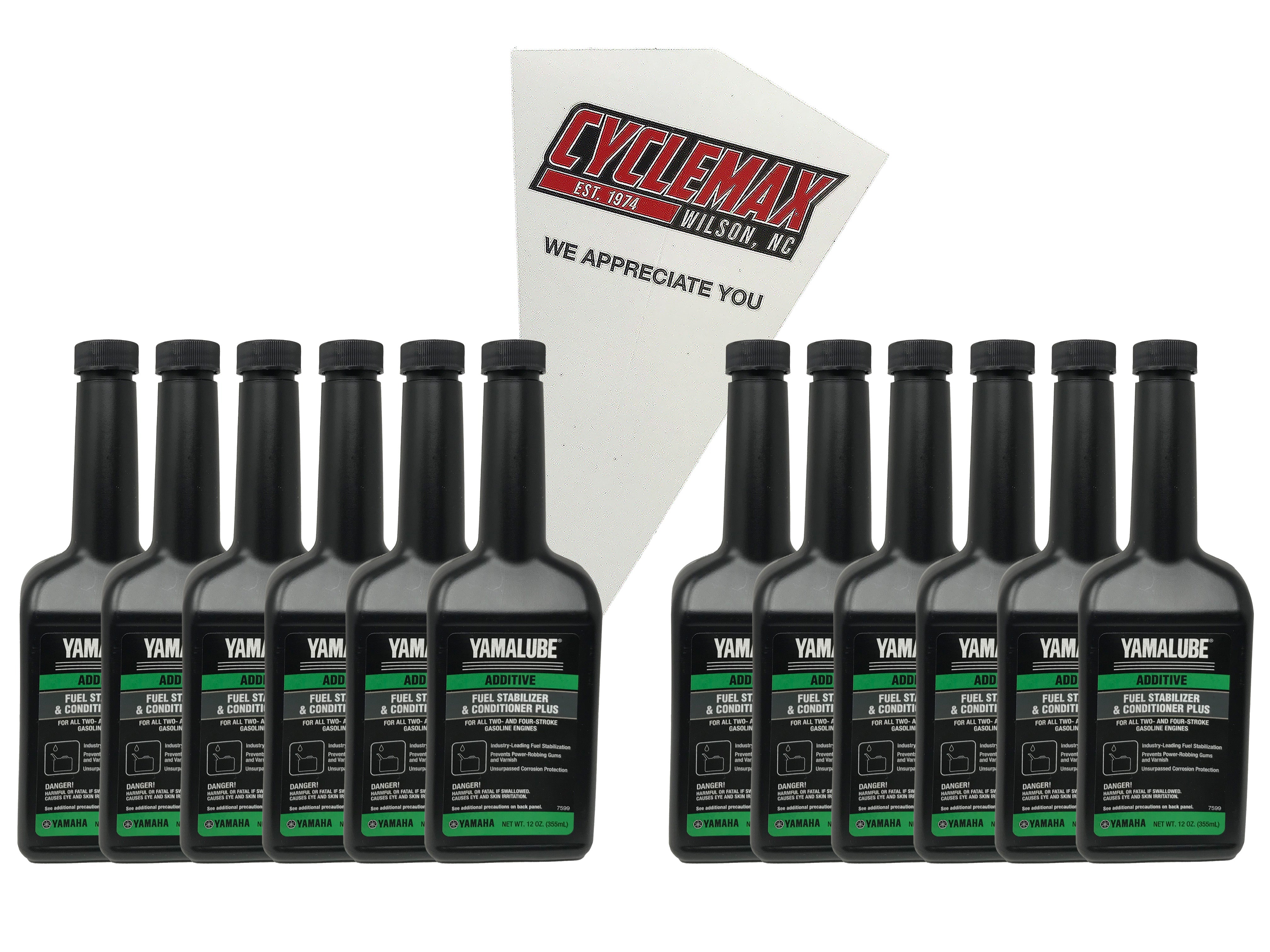CYCLEMAX Twelve Pack for Yamaha Yamalube Fuel Stabilizer & Conditioner Plus ACC-FSTAB-PL-12 Contains Twelve 12oz Bottles and a Funnel