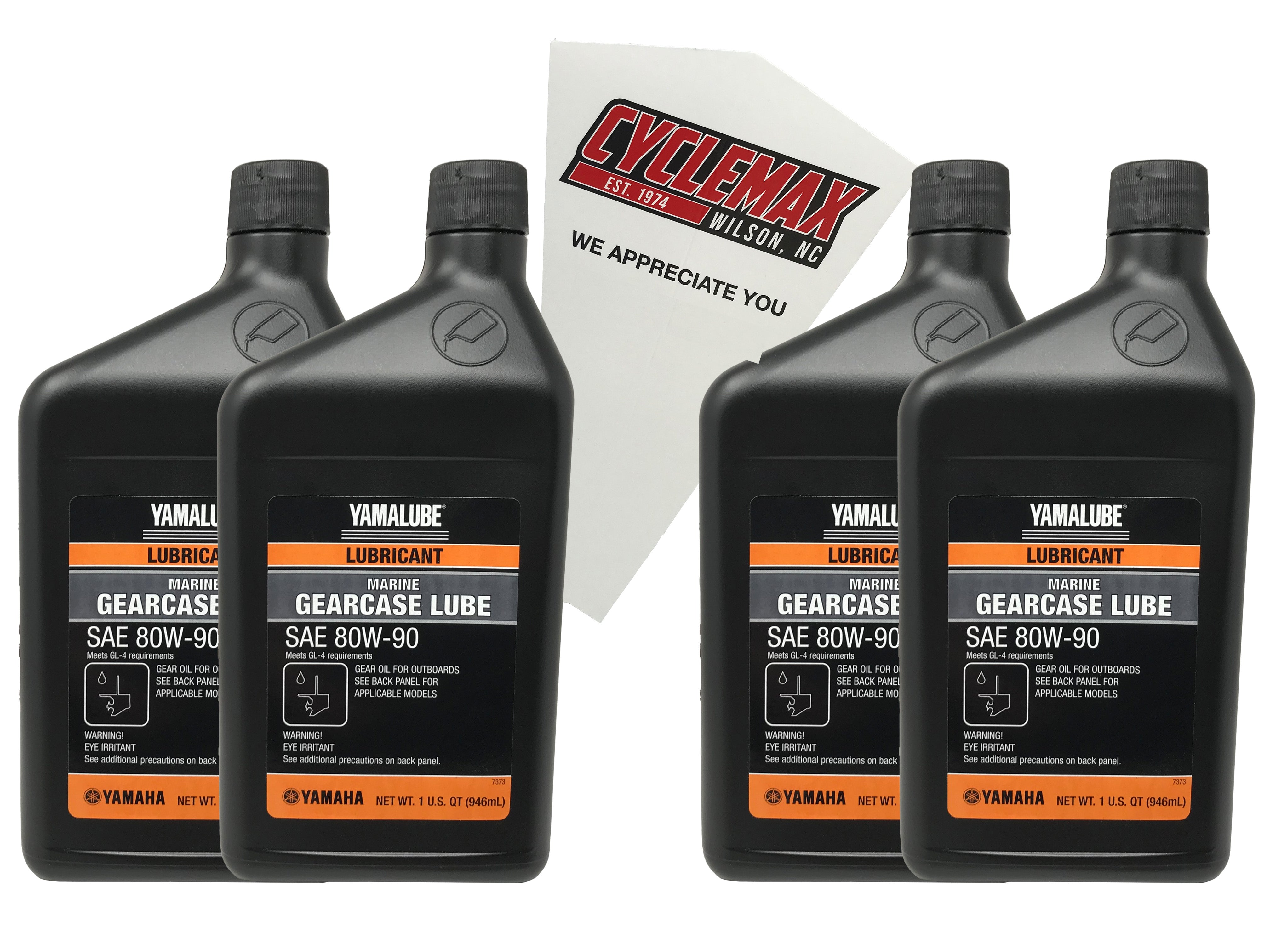Cyclemax Four Pack for Yamaha Lower Unit Gearcase Lube Oil ACC-GEARL-UB-QT Contains Four Quarts and a Funnel