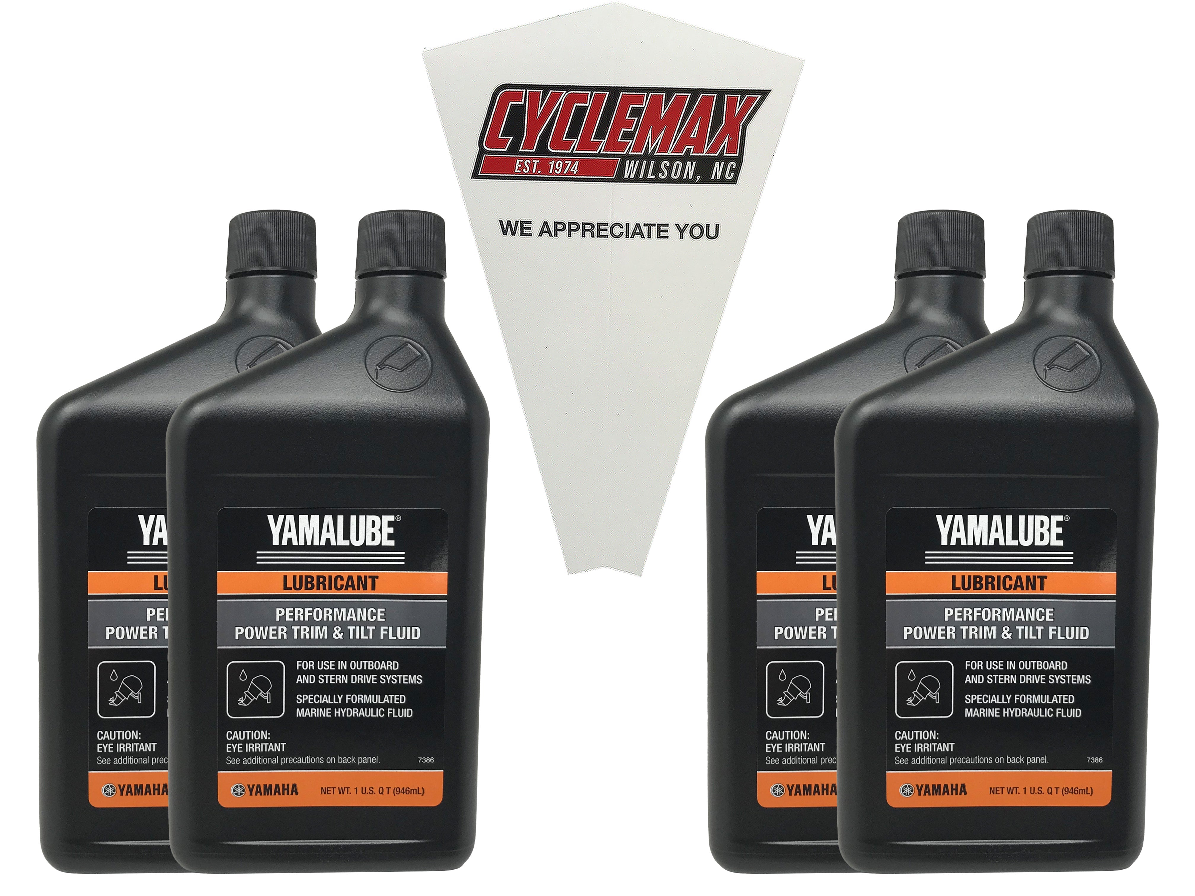 Cyclemax Four Pack for Yamaha Performance Power Trim & Tilt Fluid ACC-PWRTR-MF-32 Contains Four Quarts and a Funnel