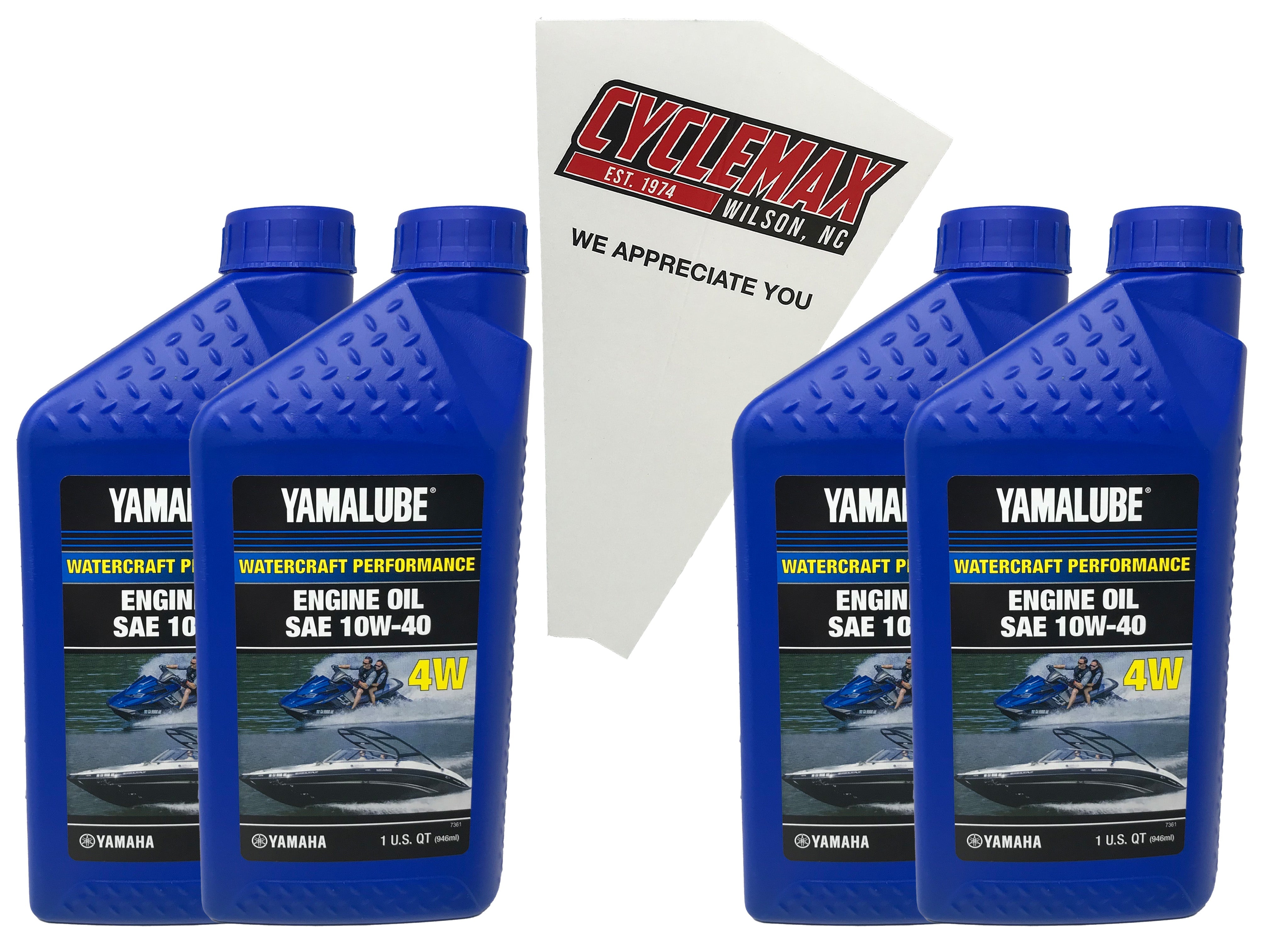 Cyclemax Four Pack for Yamaha Yamalube Marine 20W-40 4-Stroke Engine Oil LUB-10W40-WV-12 Contains Four Quarts and a Funnel