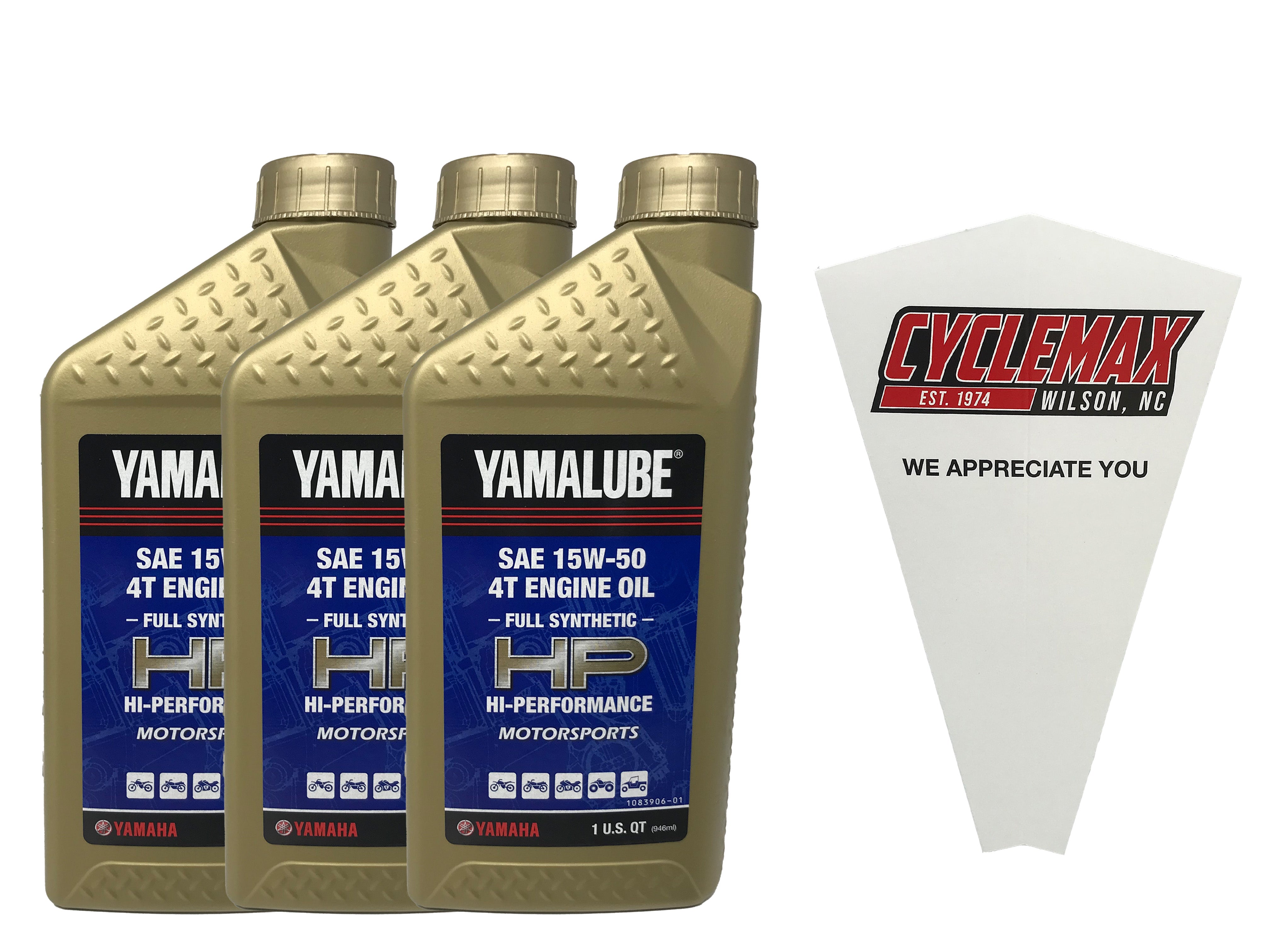 Cyclemax Three Pack for Yamaha Yamalube Full Synthetic 20W-40 4-Stroke Engine Oil LUB-15W50-FS-12 Contains Three Quarts and a Funnel