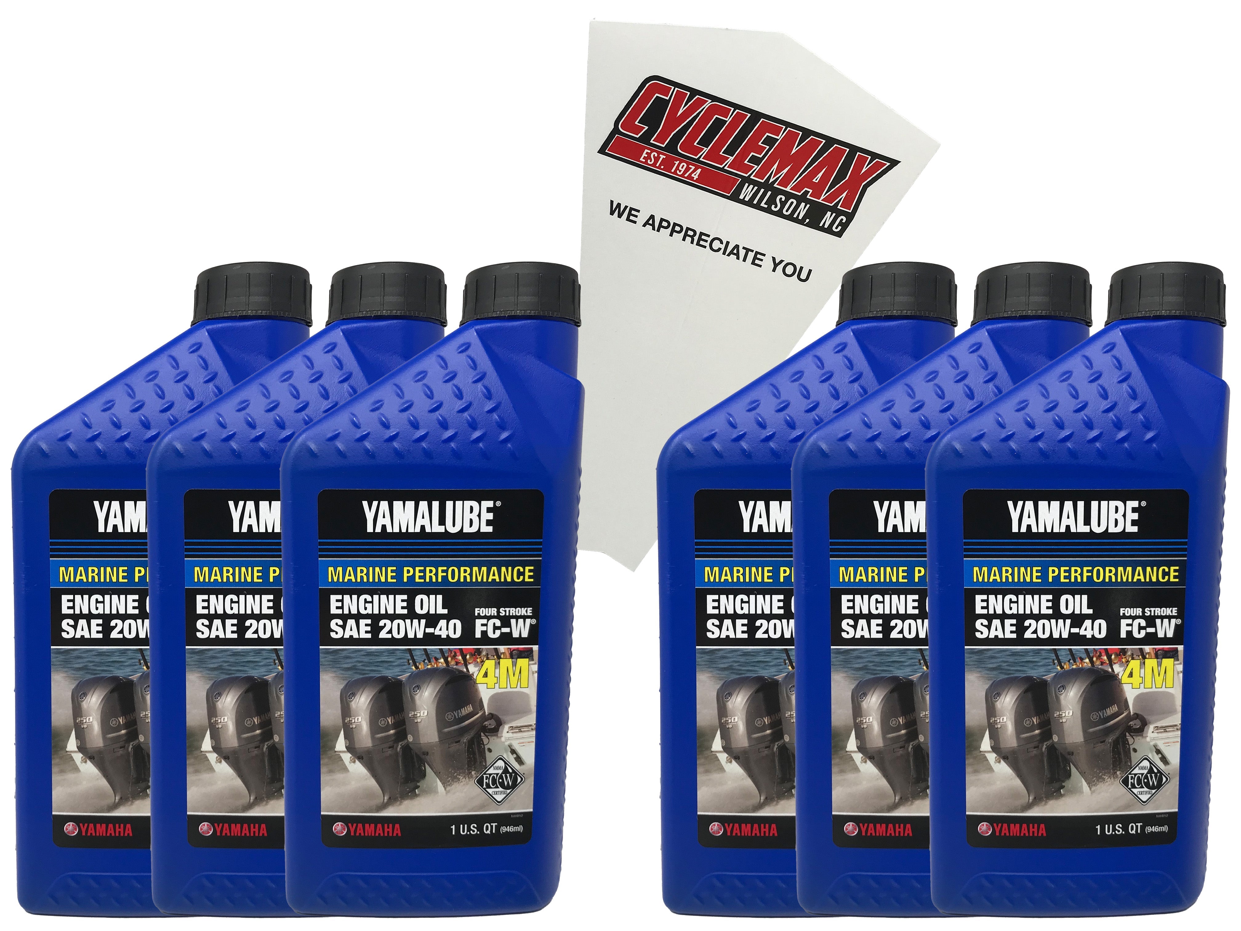 Cyclemax Six Pack for Yamaha Yamalube Marine 20W-40 4-Stroke Engine Oil LUB-20W40-FC-12 Contains Six Quarts and a Funnel