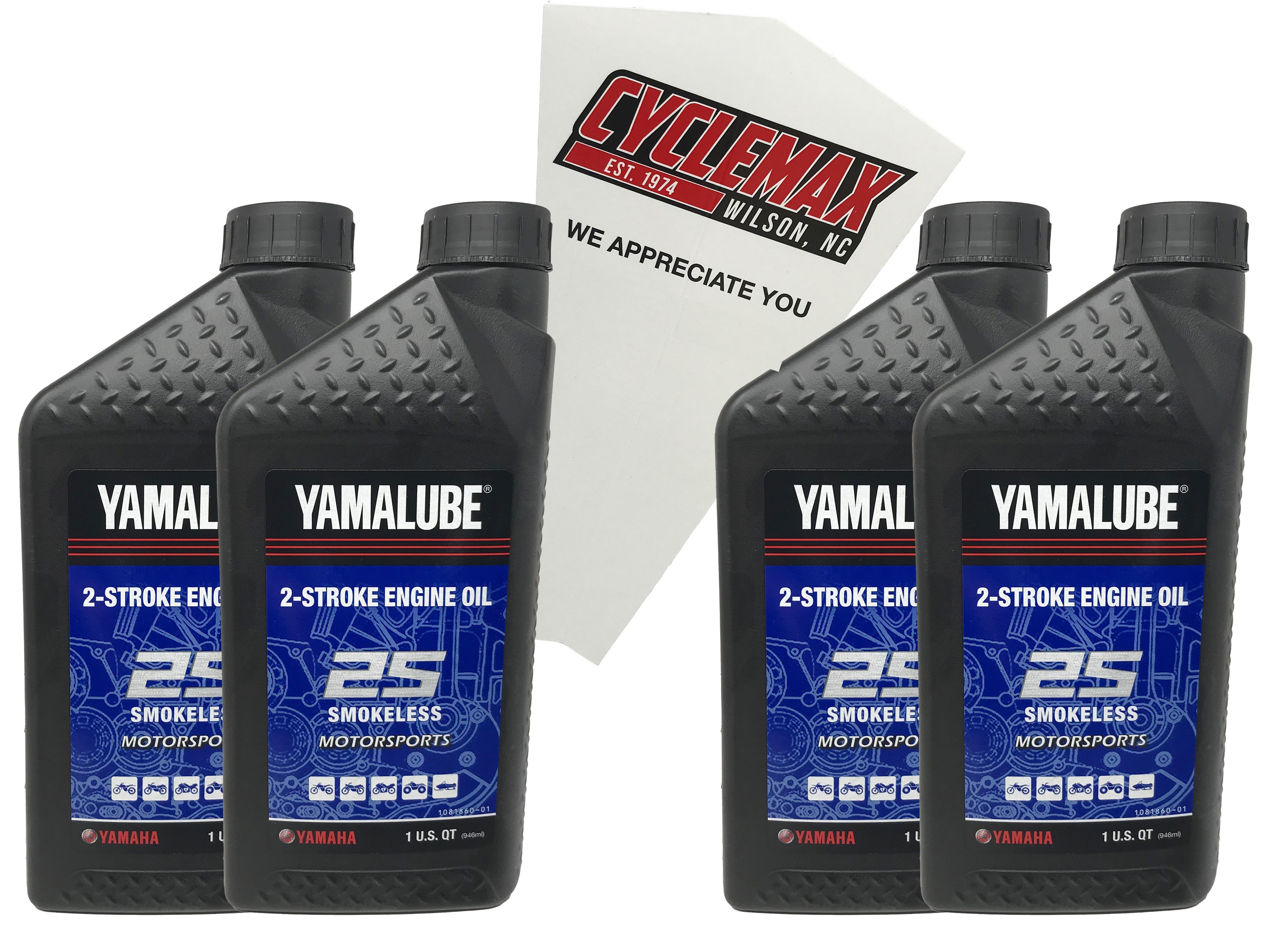 Cyclemax Four Pack for Yamaha All-Purpose 2S Smokeless 2-Stroke Oil LUB-2STRK-S1-12 Contains Four Quarts and a Funnel