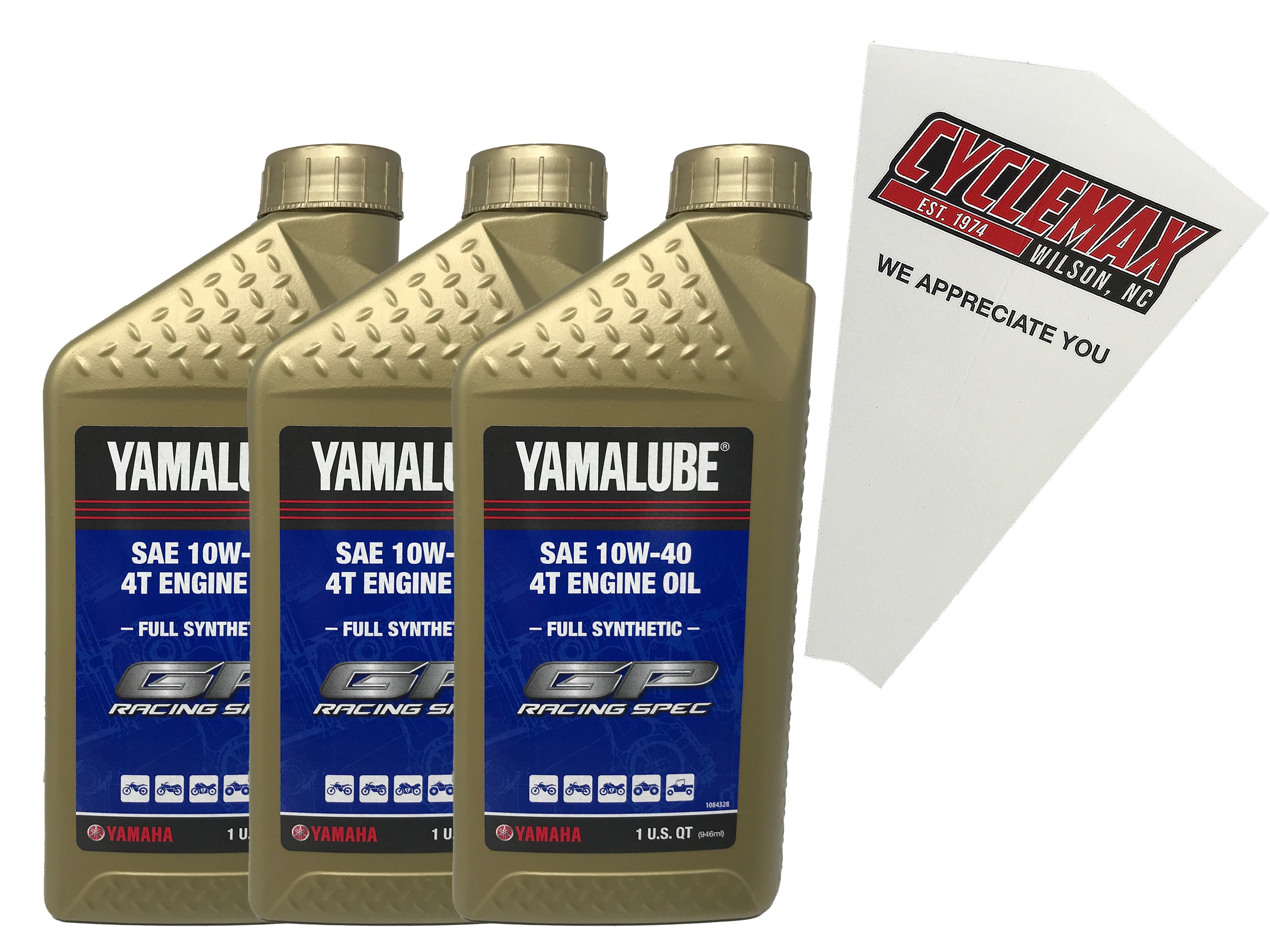 Cyclemax Three Pack for Yamaha Yamalube Full Synthetic 10W-40 4-Stroke Racing Engine Oil LUB-RS4GP-FS-12 Contains Three Quarts and a Funnel