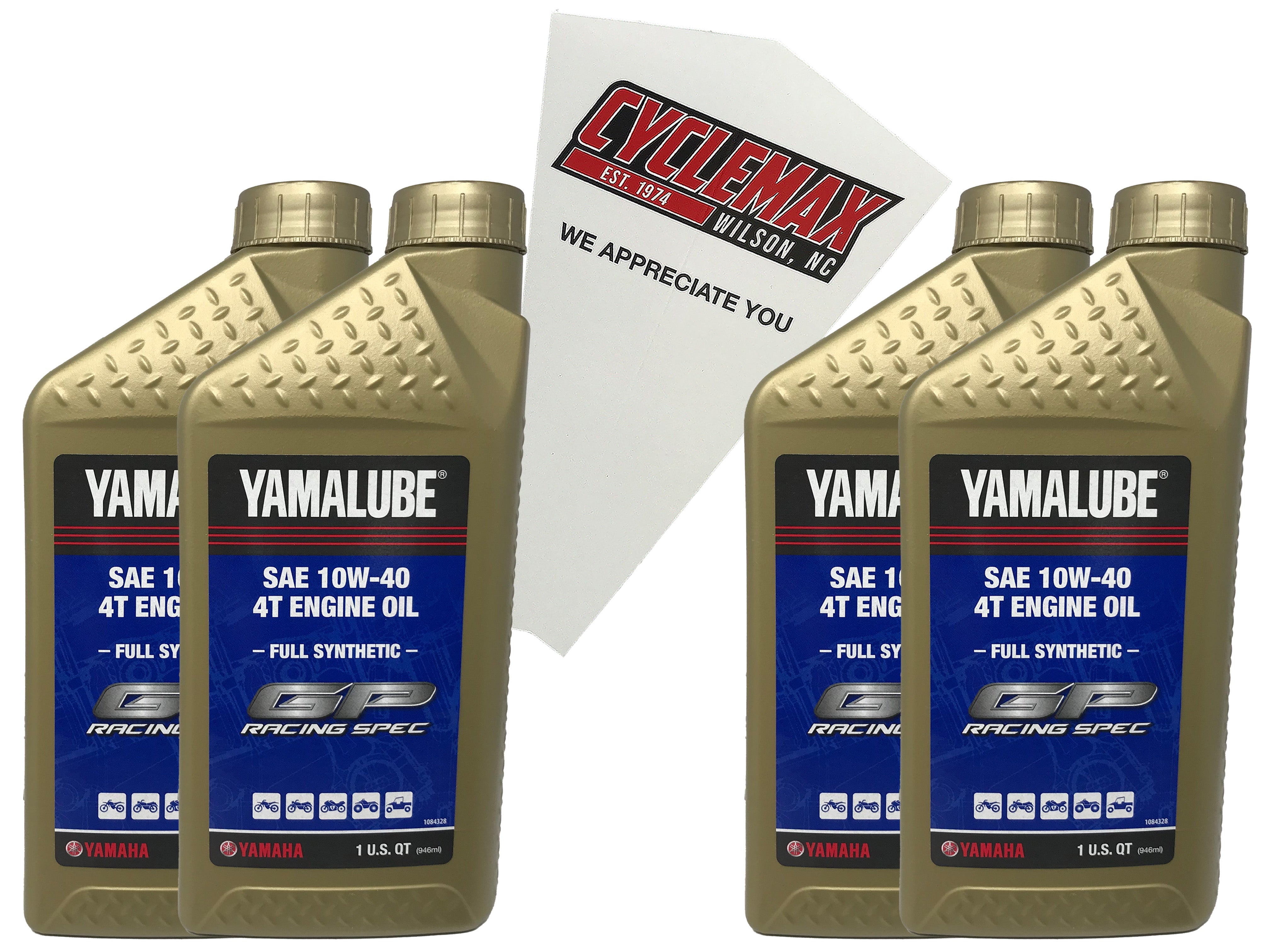 Cyclemax Four Pack for Yamaha Yamalube Full Synthetic 10W-40 4-Stroke Racing Engine Oil LUB-RS4GP-FS-12 Contains Four Quarts and a Funnel